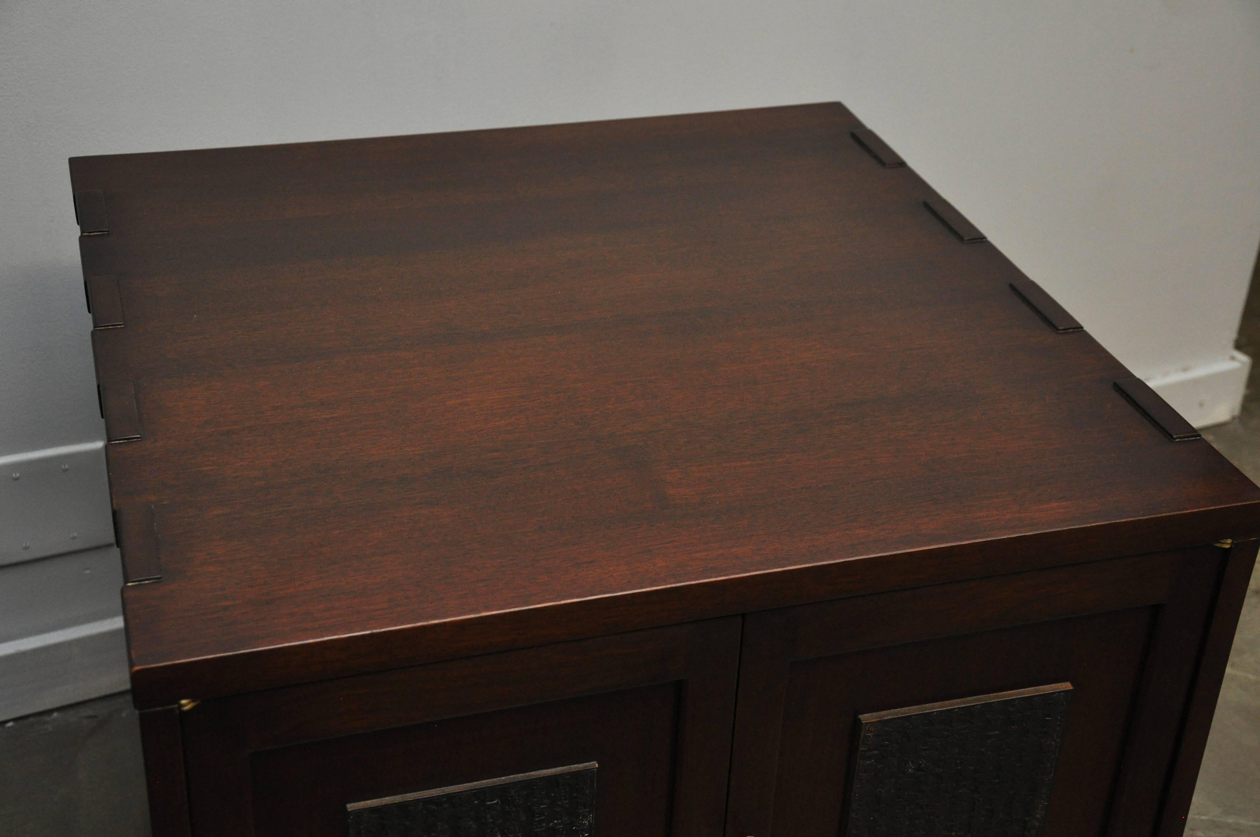 Pair of custom ordered Japanese block side table/nightstands by Edward Wormley for Dunbar. One of a kind custom ordered with X-bases. Original dark mahogany finish in excellent condition. Both with brass keys.