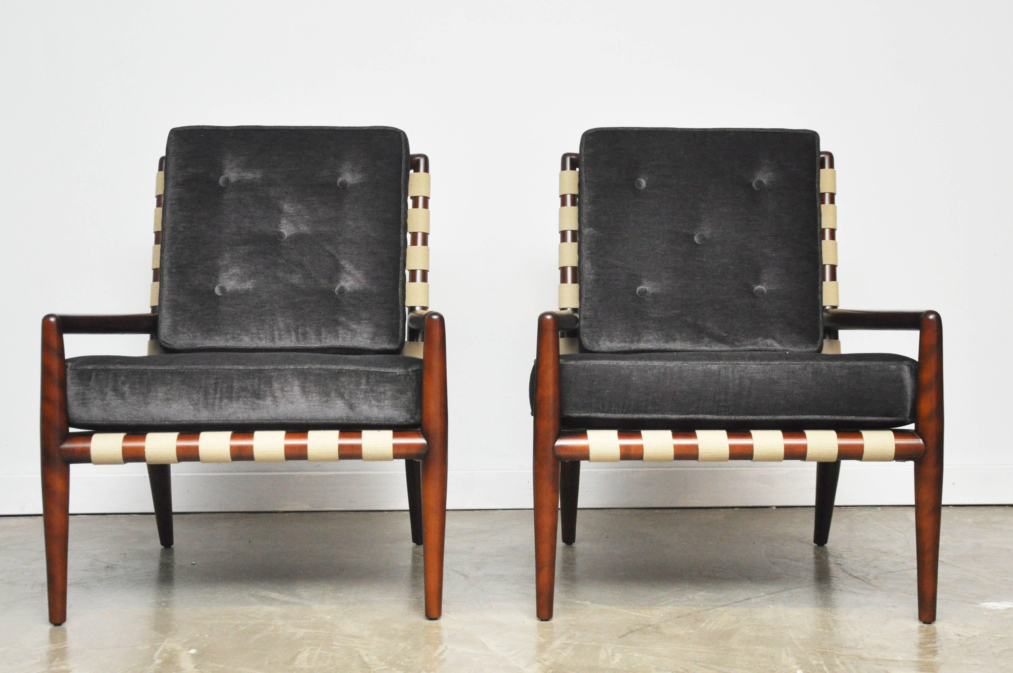 Mohair Pair of Strap Frame Lounge Chairs by T.H. Robsjohn-Gibbings