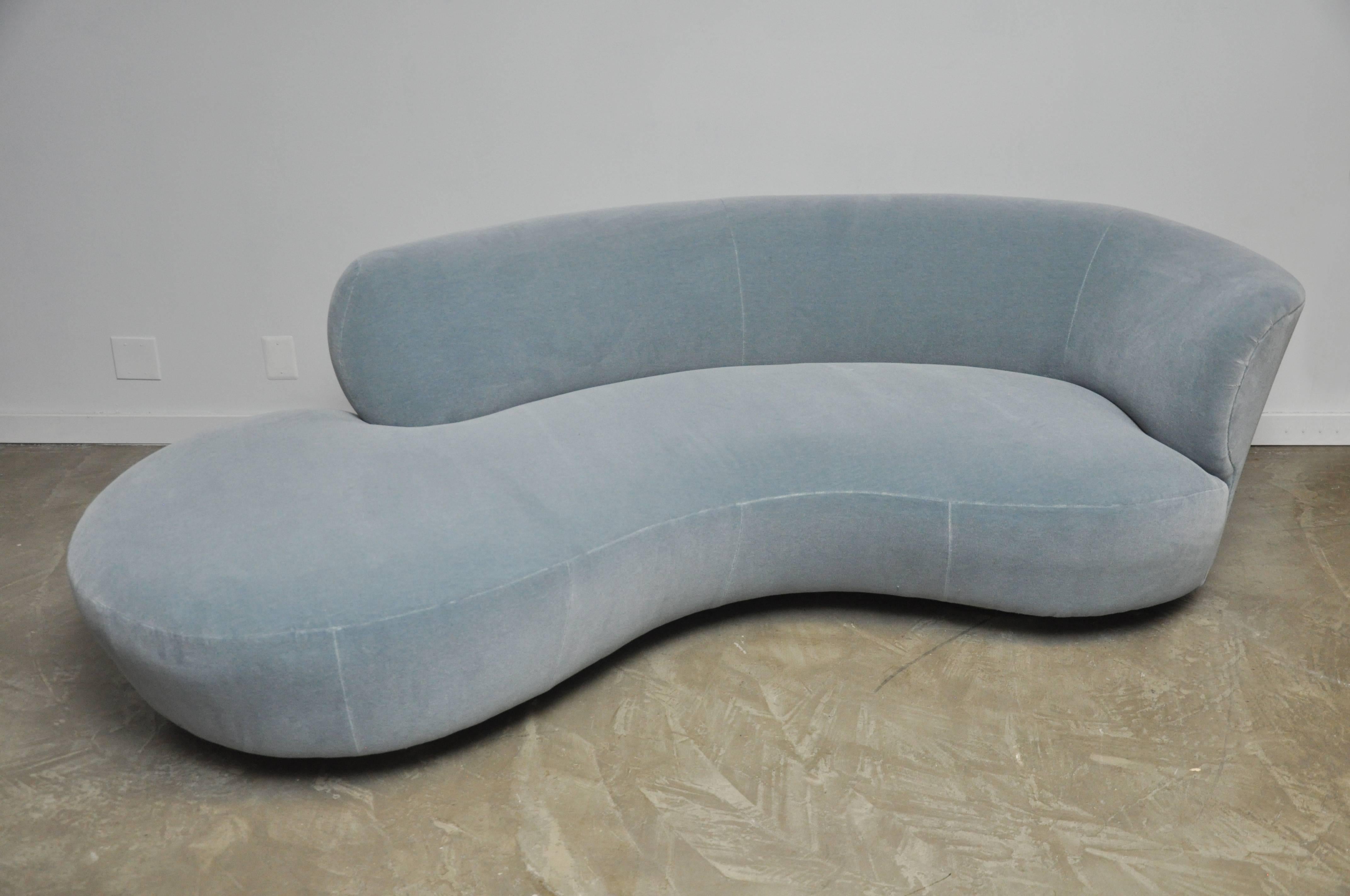 Vladimir Kagan Style cloud sofa with arm. Fully restored and reupholstered in blue mohair over brass bases.