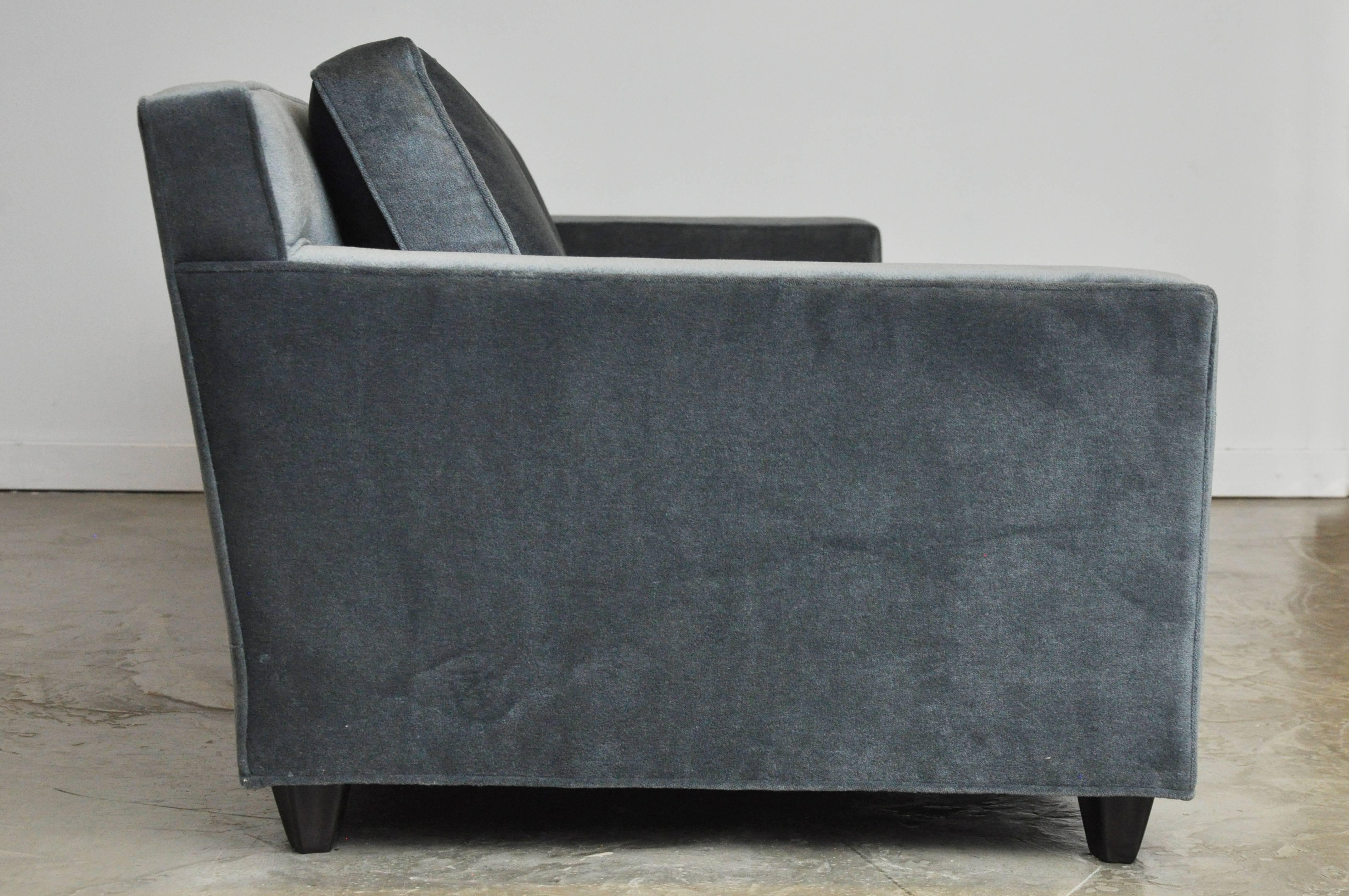 Early model sofa by Edward Worley for Dunbar. Classic design, fully restored in charcoal mohair. Beautiful espresso finished feet, circa 1950.