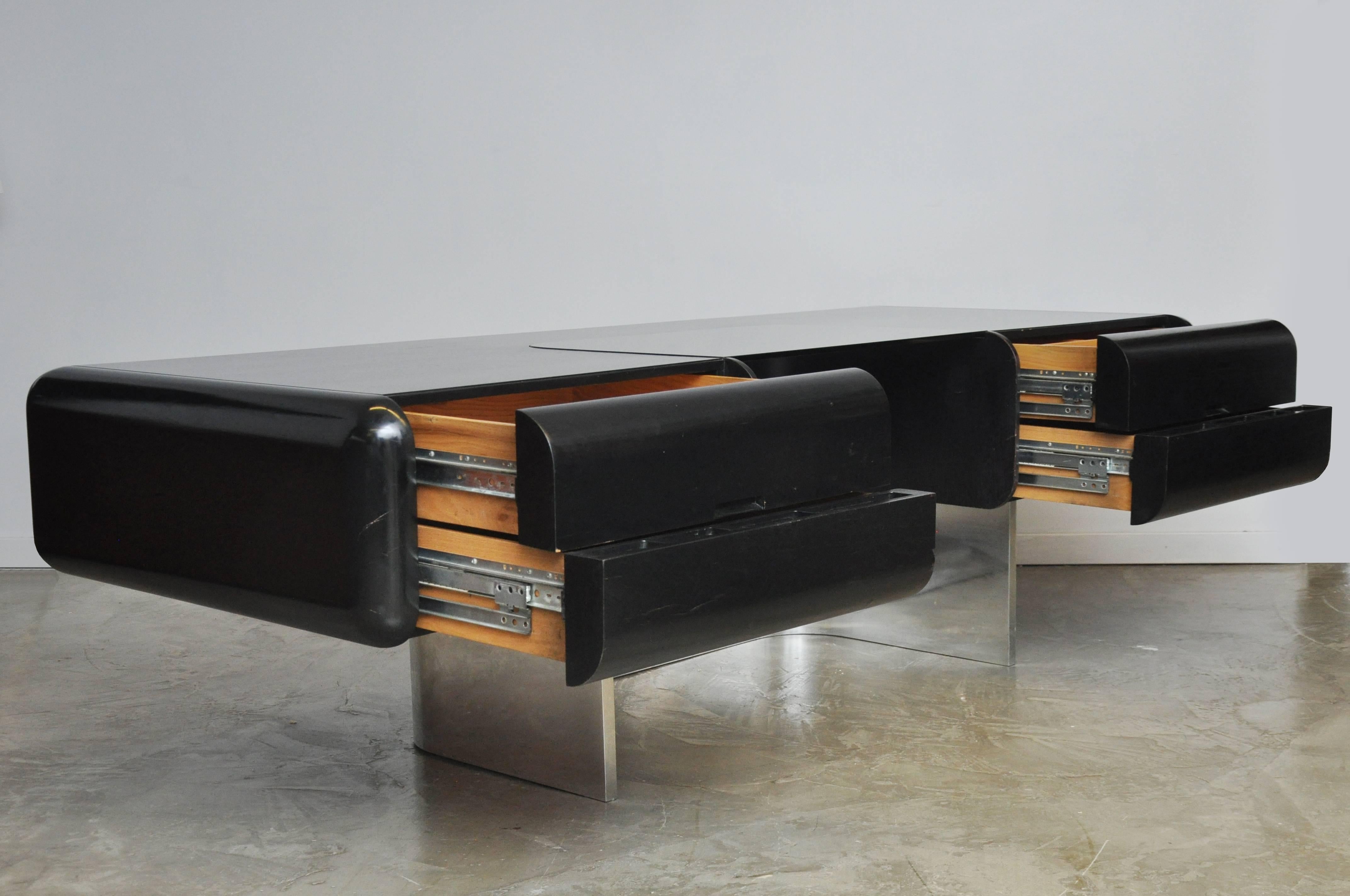 M.F. Harty Black Lacquer and Stainless Steel Executive Desk and Credenza In Excellent Condition In Chicago, IL