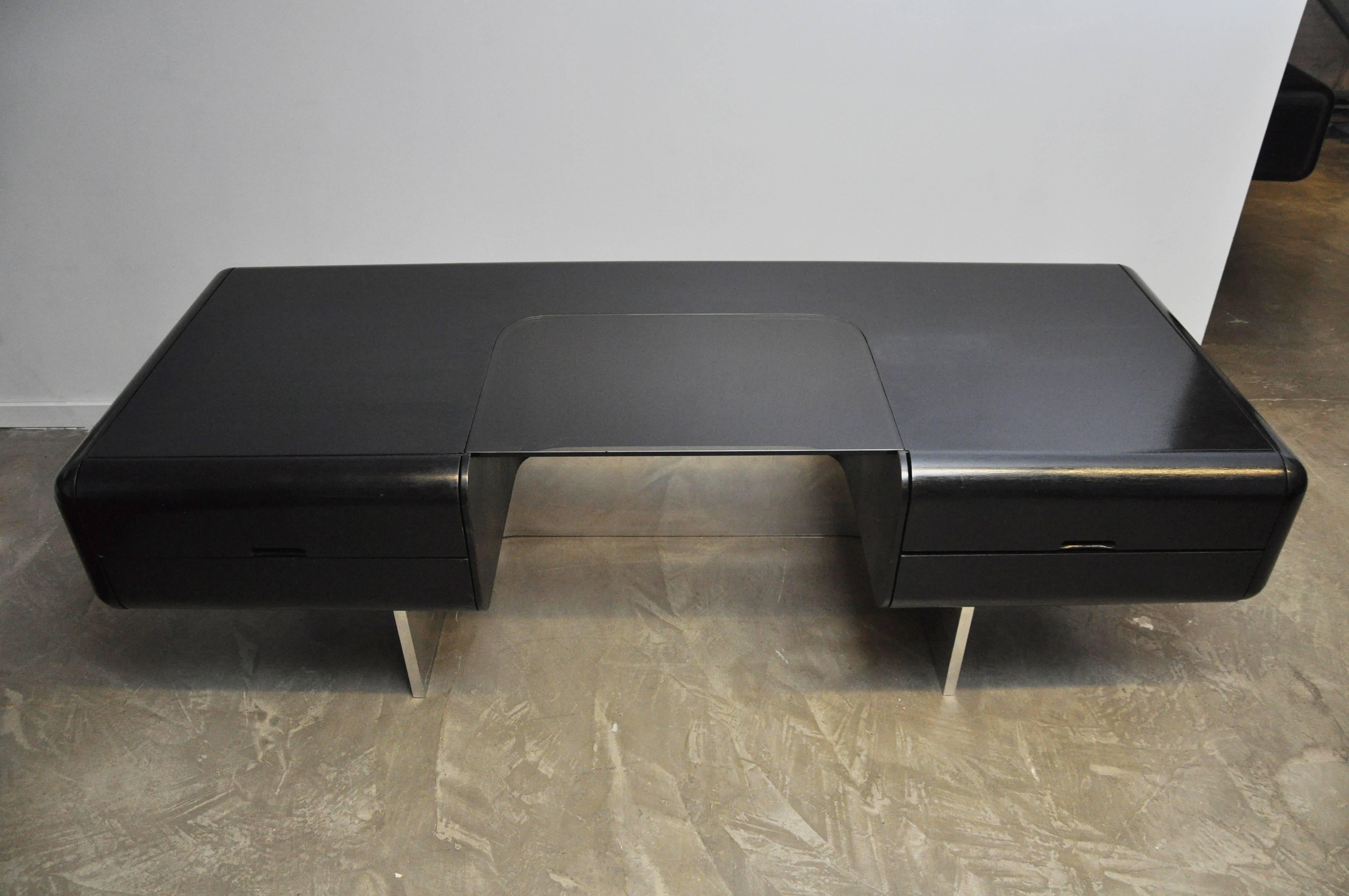 M.F. Harty Black Lacquer and Stainless Steel Executive Desk and Credenza 2
