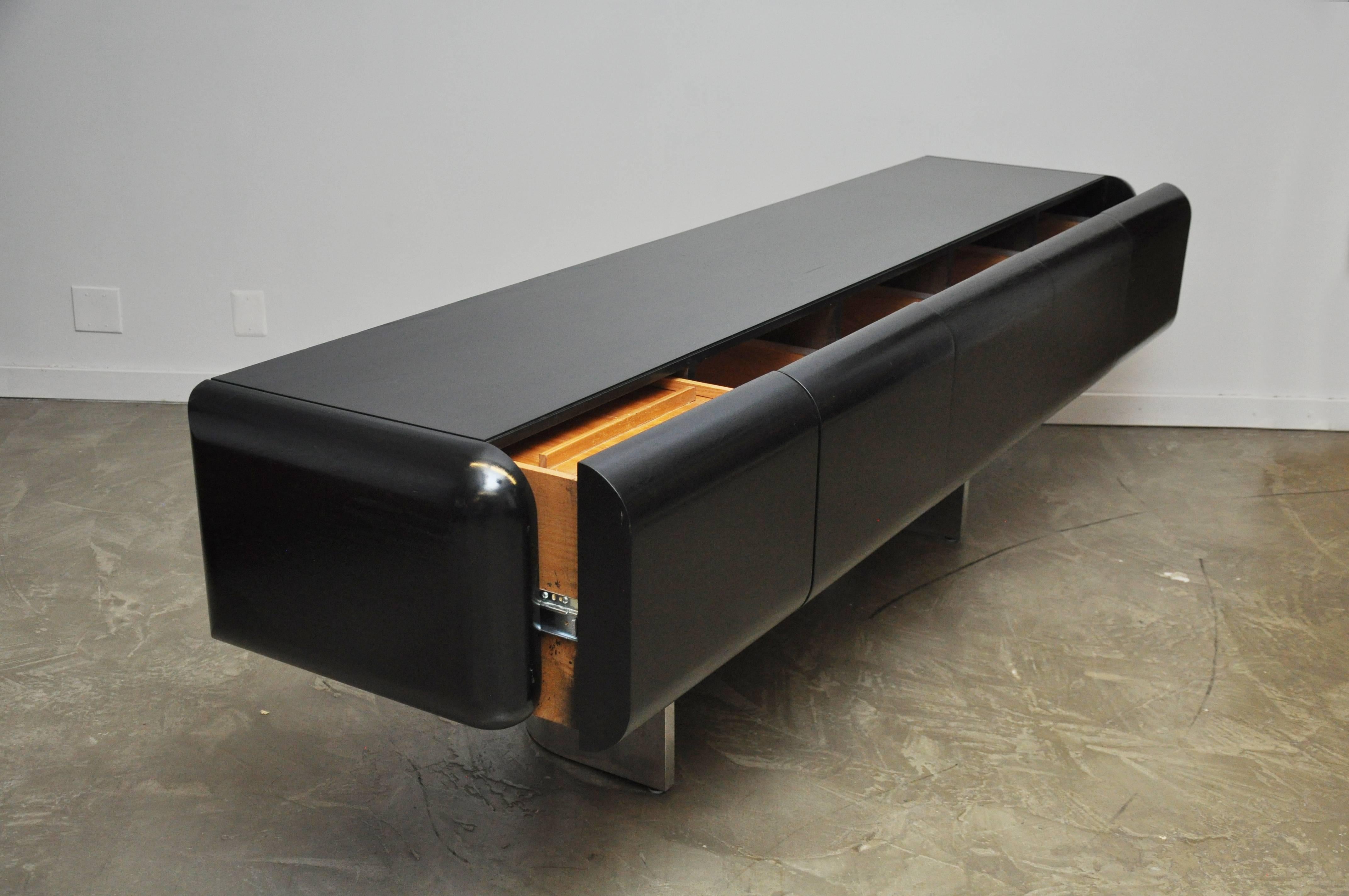 M.F. Harty Black Lacquer and Stainless Steel Executive Desk and Credenza 4