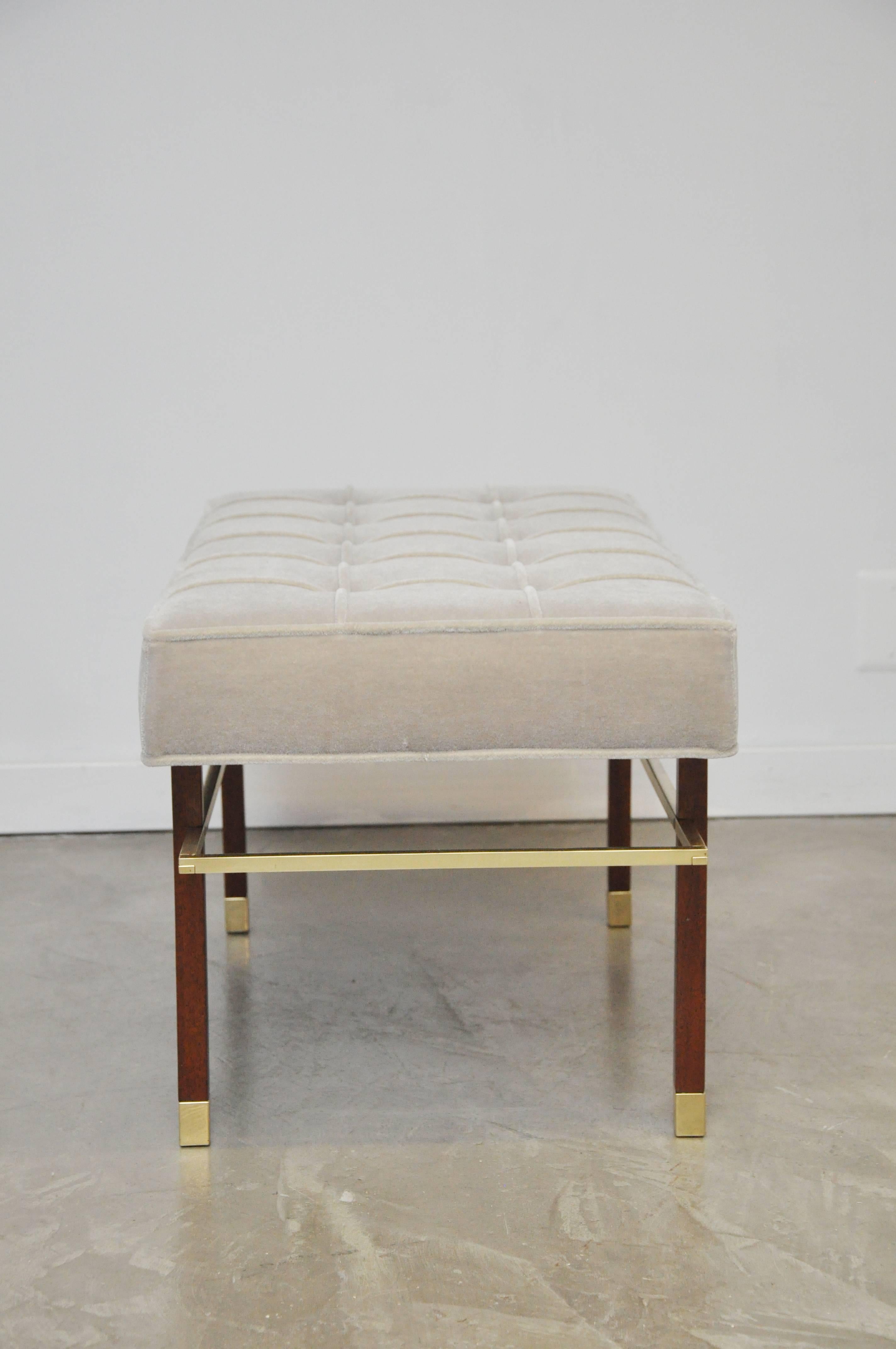 Harvey Probber brass frame bench with walnut legs and brass caps. Fully restored. New smoke grey mohair upholstery.
