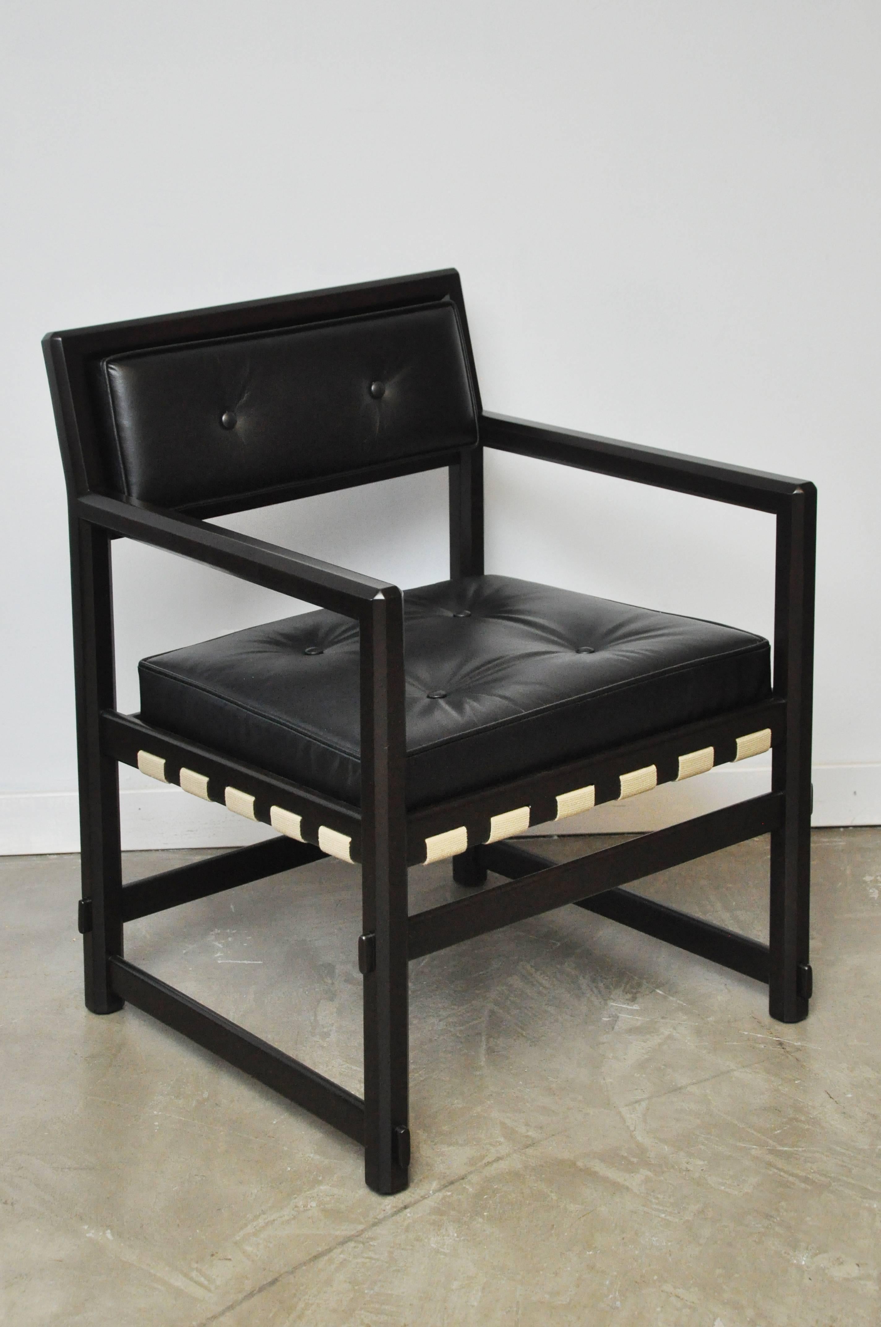 Beautiful set of ten dark espresso tone frame armchairs. Fully restored, new strapping, new black leather cushions.