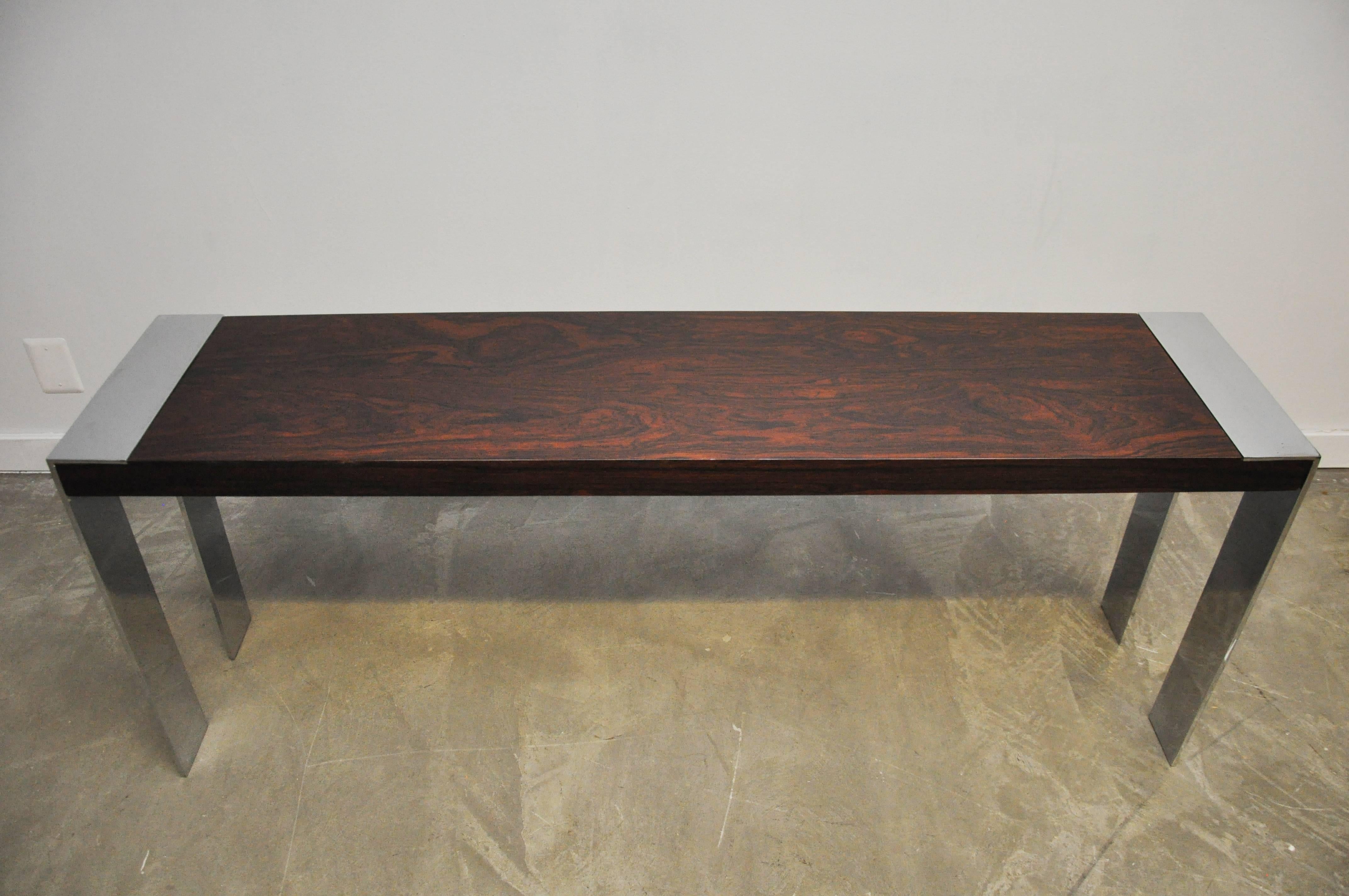Rosewood and Stainless Steel Console In Excellent Condition In Chicago, IL