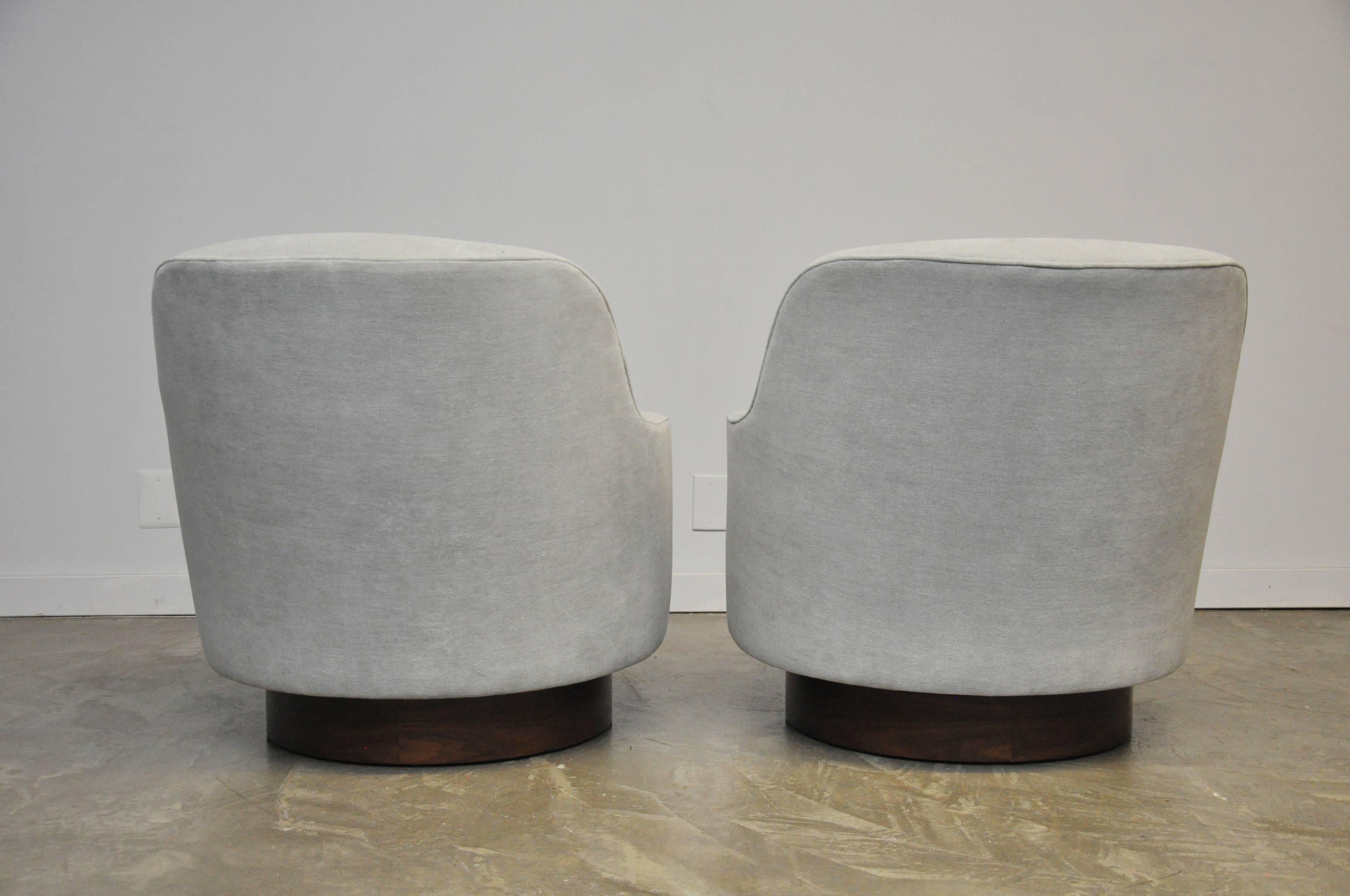 Upholstery Milo Baughman Swivel Chairs on Walnut Bases for Directional