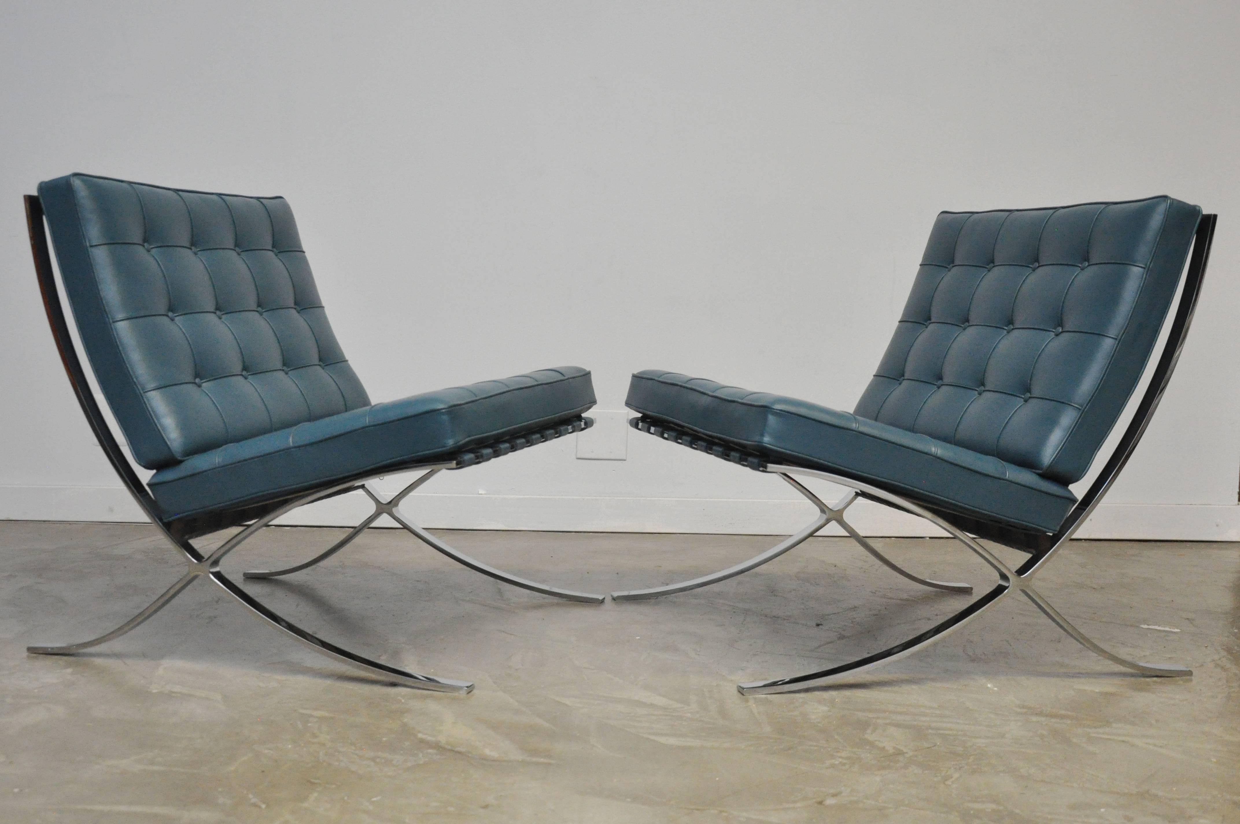 Mid-Century Modern Rare Blue Barcelona Chairs by Mies Van Der Rohe for Knoll