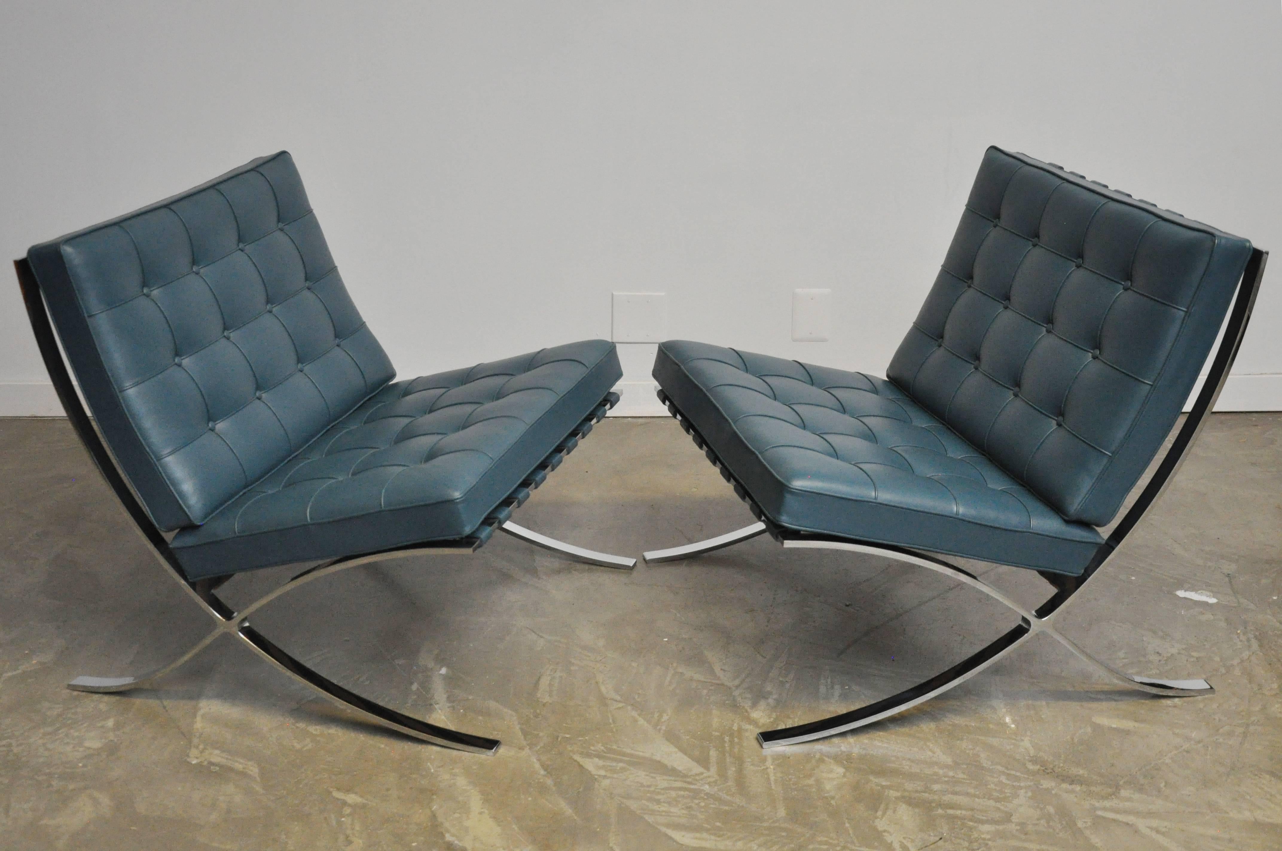 Custom ordered blue or teal leather Barcelona chairs by Ludwig Mies van der Rohe. Knoll production circa 1990s. Leather is beautiful. We have never seen another in this color.