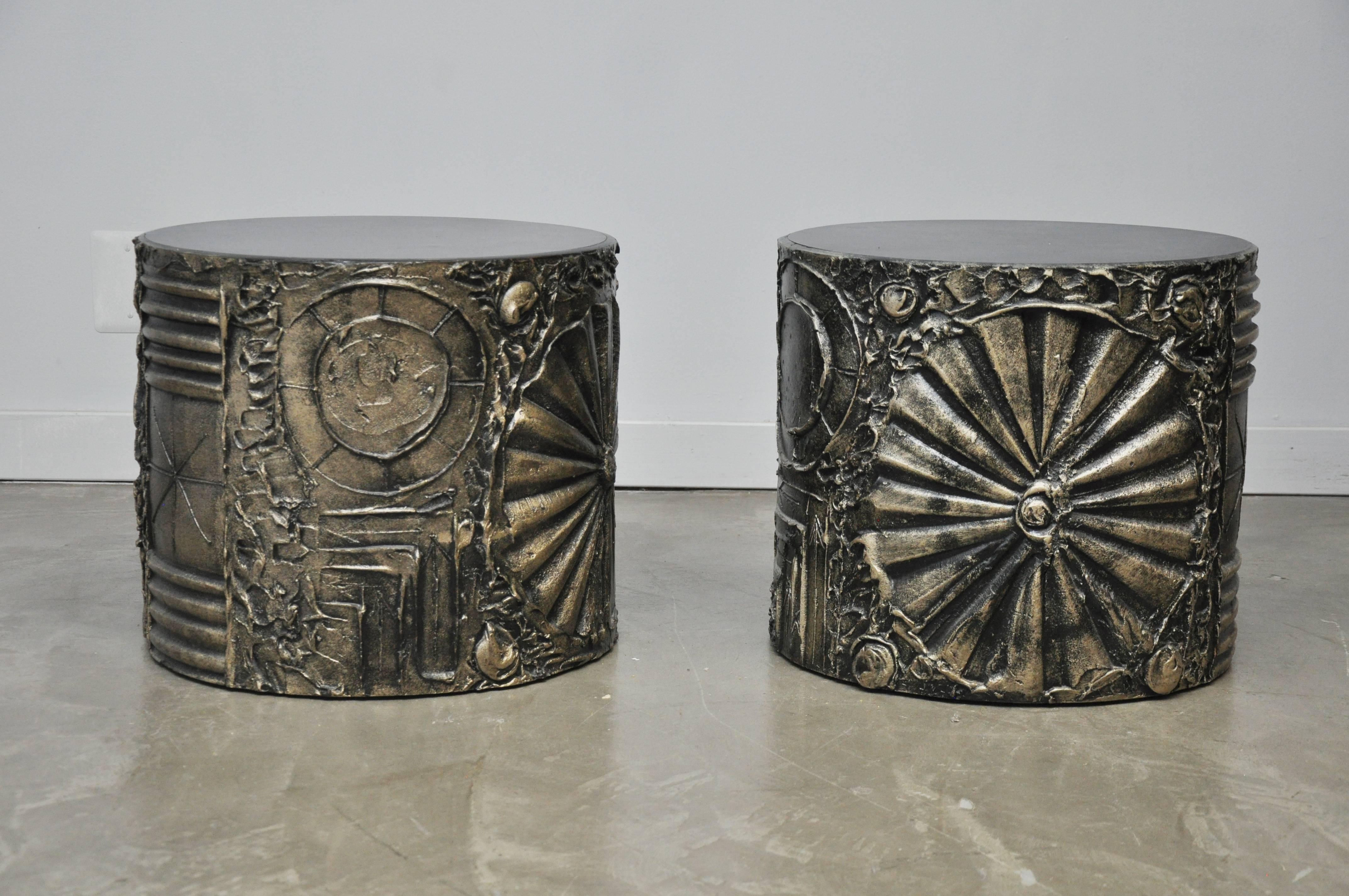 Pair of Brutalist drum end tables by Adrian Pearsall.