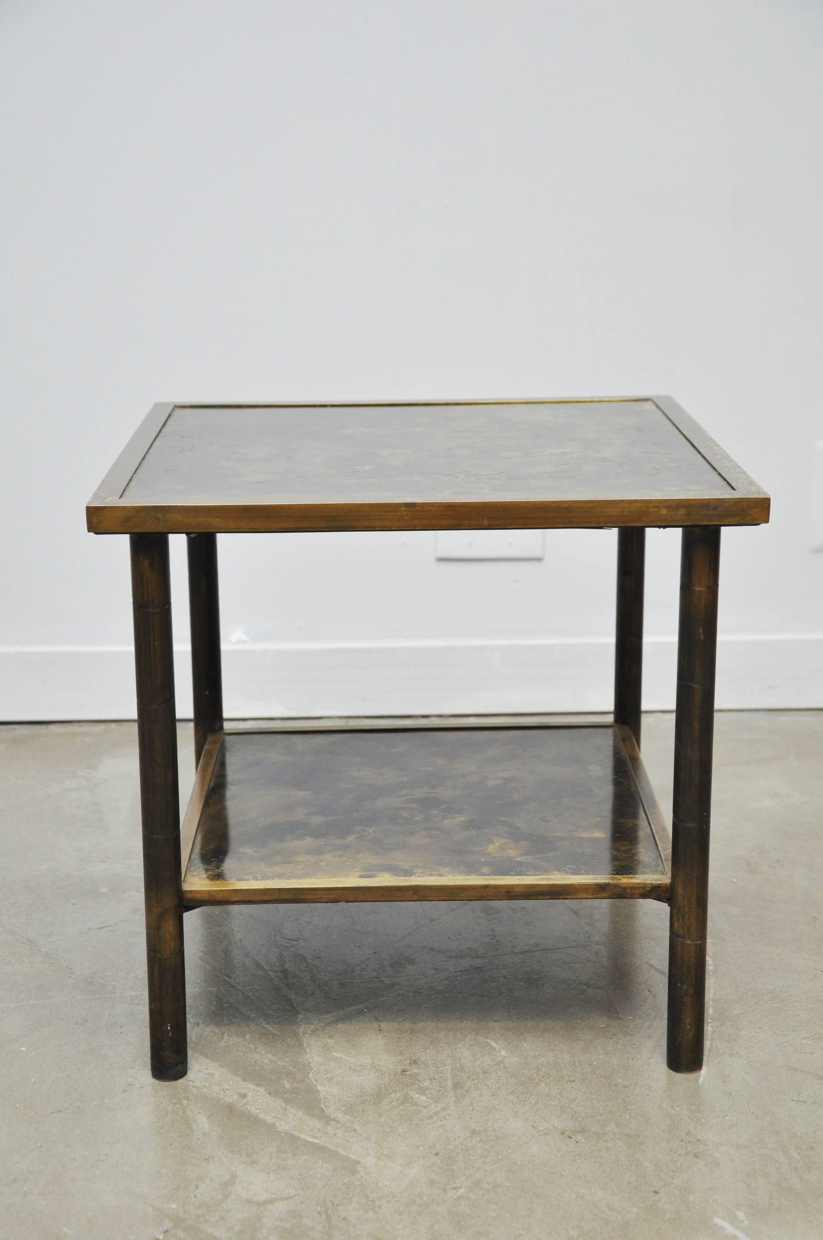 Bronze side table by Philip and Kelvin LaVerne. Beautiful acid etching, signed Laverne.