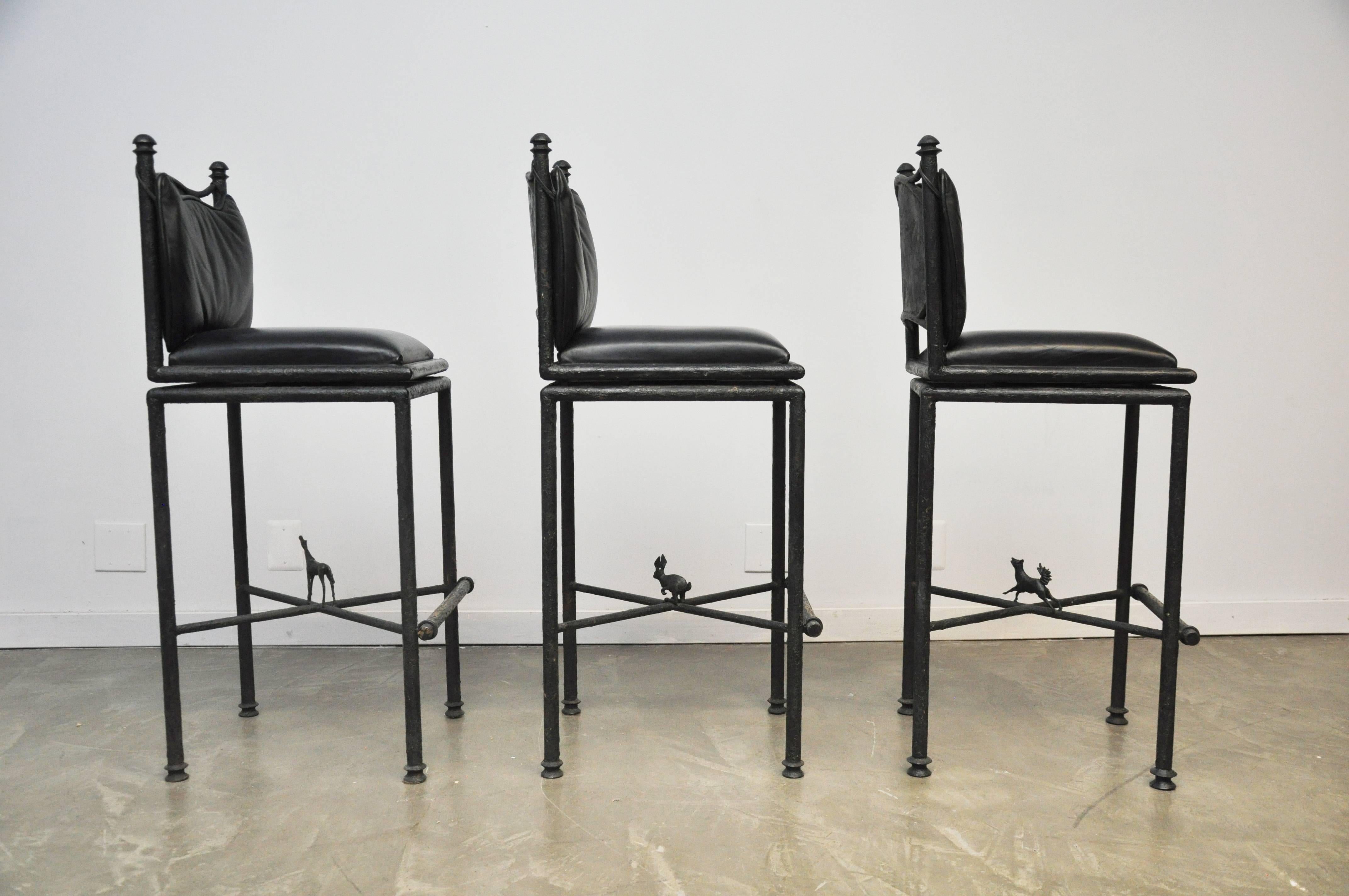 20th Century Diego Giacometti Attributed Set of three Bronze Stools with Horse, Wolf, Rabbit