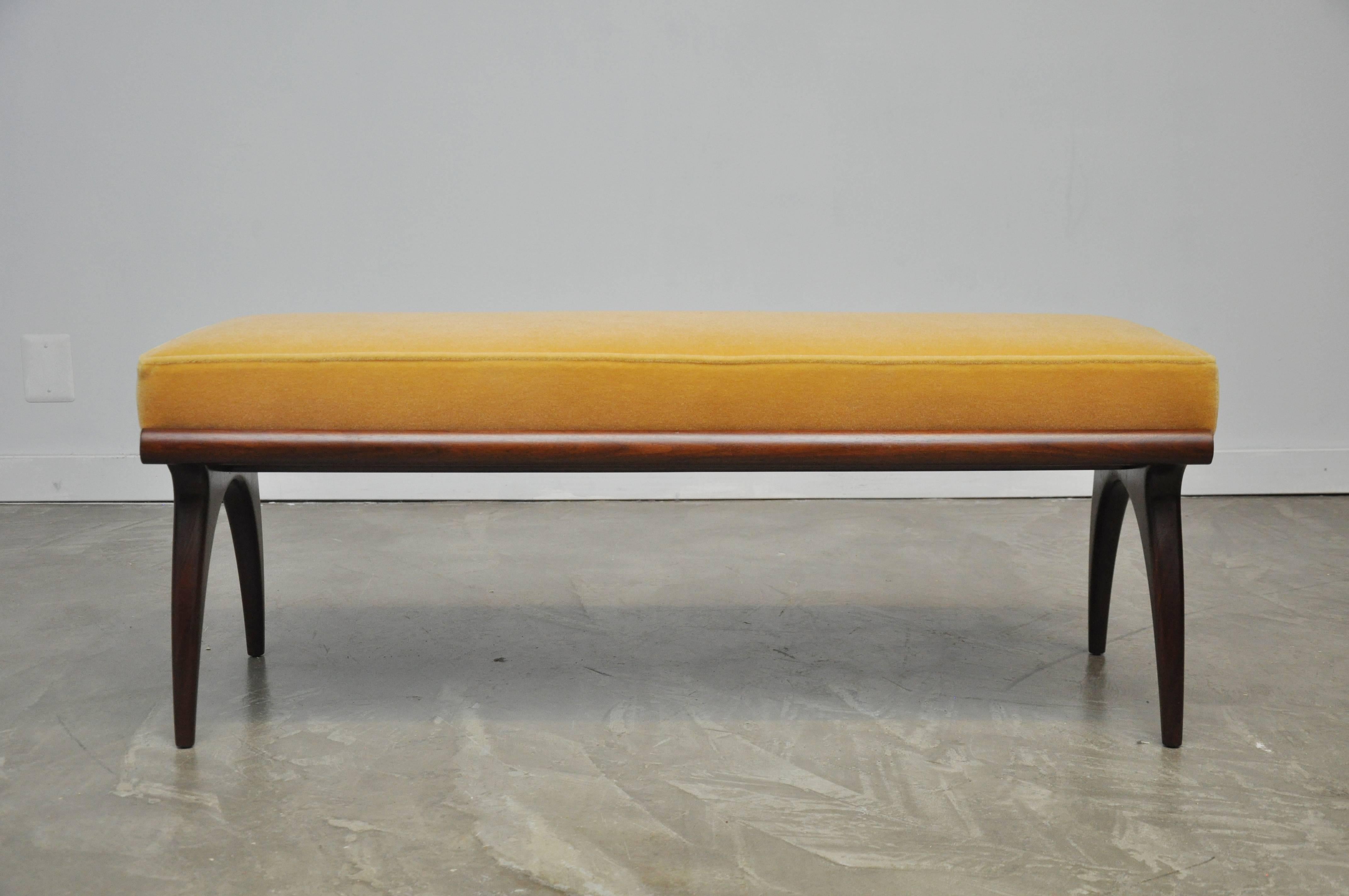 Bertha Schaefer bench for Singer and sons. Sculptural walnut frame with yellow/gold mohair.