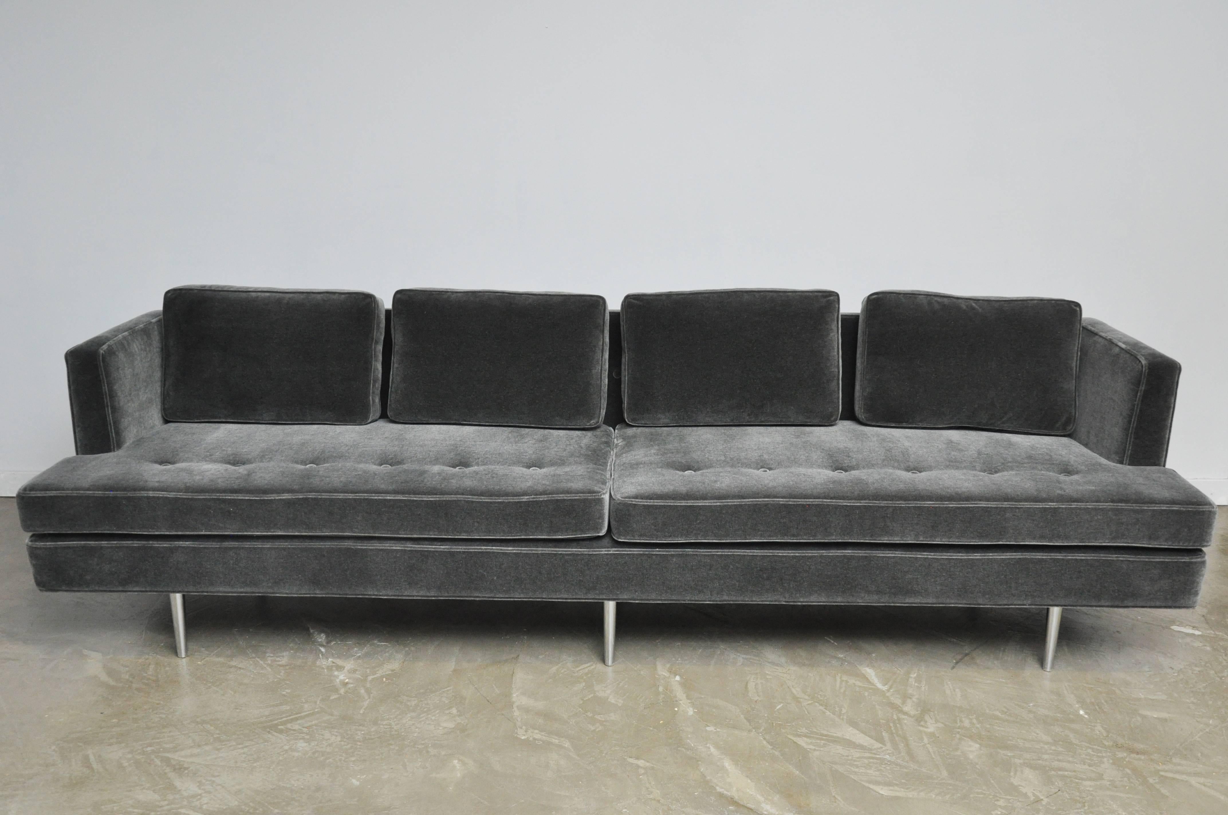 Classic Dunbar sofa designed by Edward Wormley, circa 1950. Fully restored, newly upholstered in charcoal mohair over original nickel legs.

