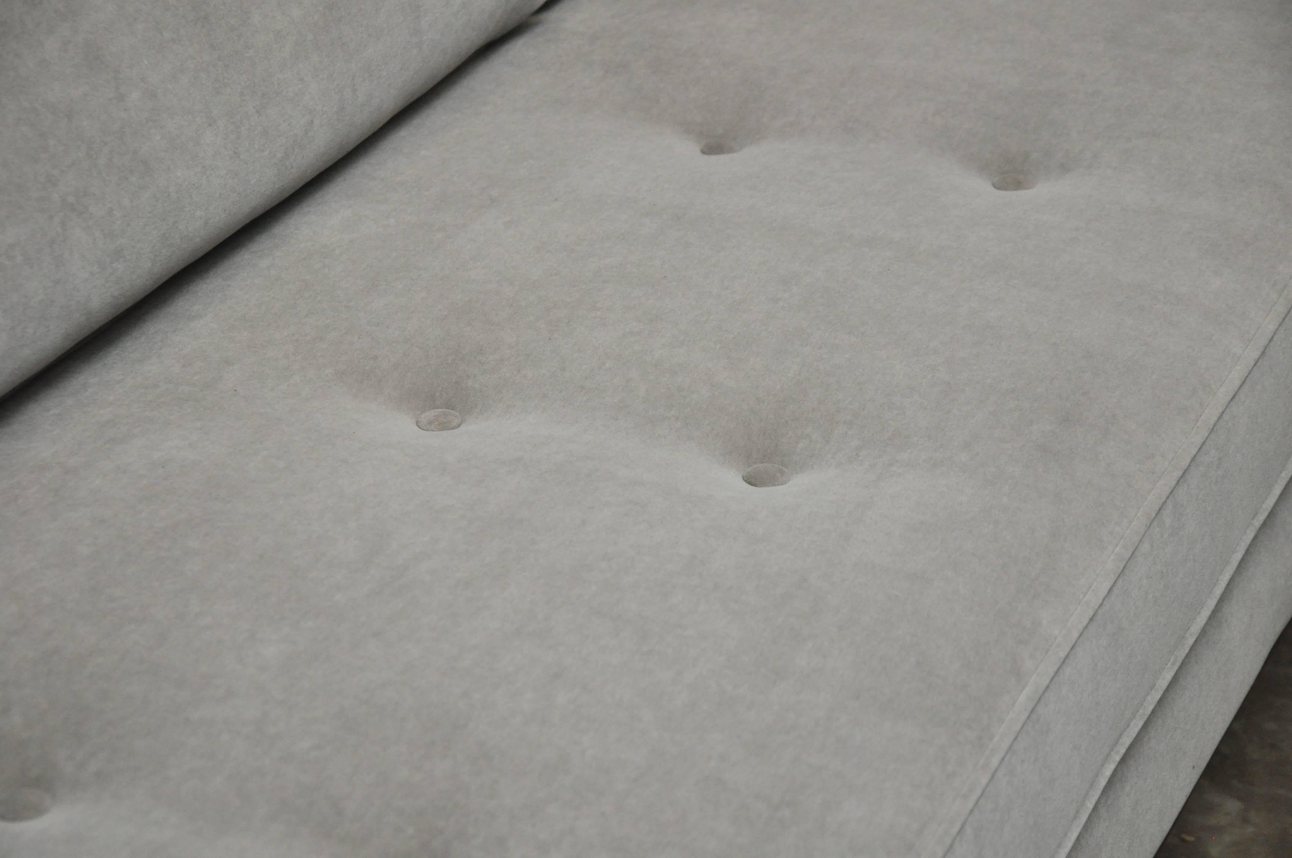 Adrian Pearsall sofa on sculptural walnut base. Fully restored, refinished and reupholstered in grey velvet.