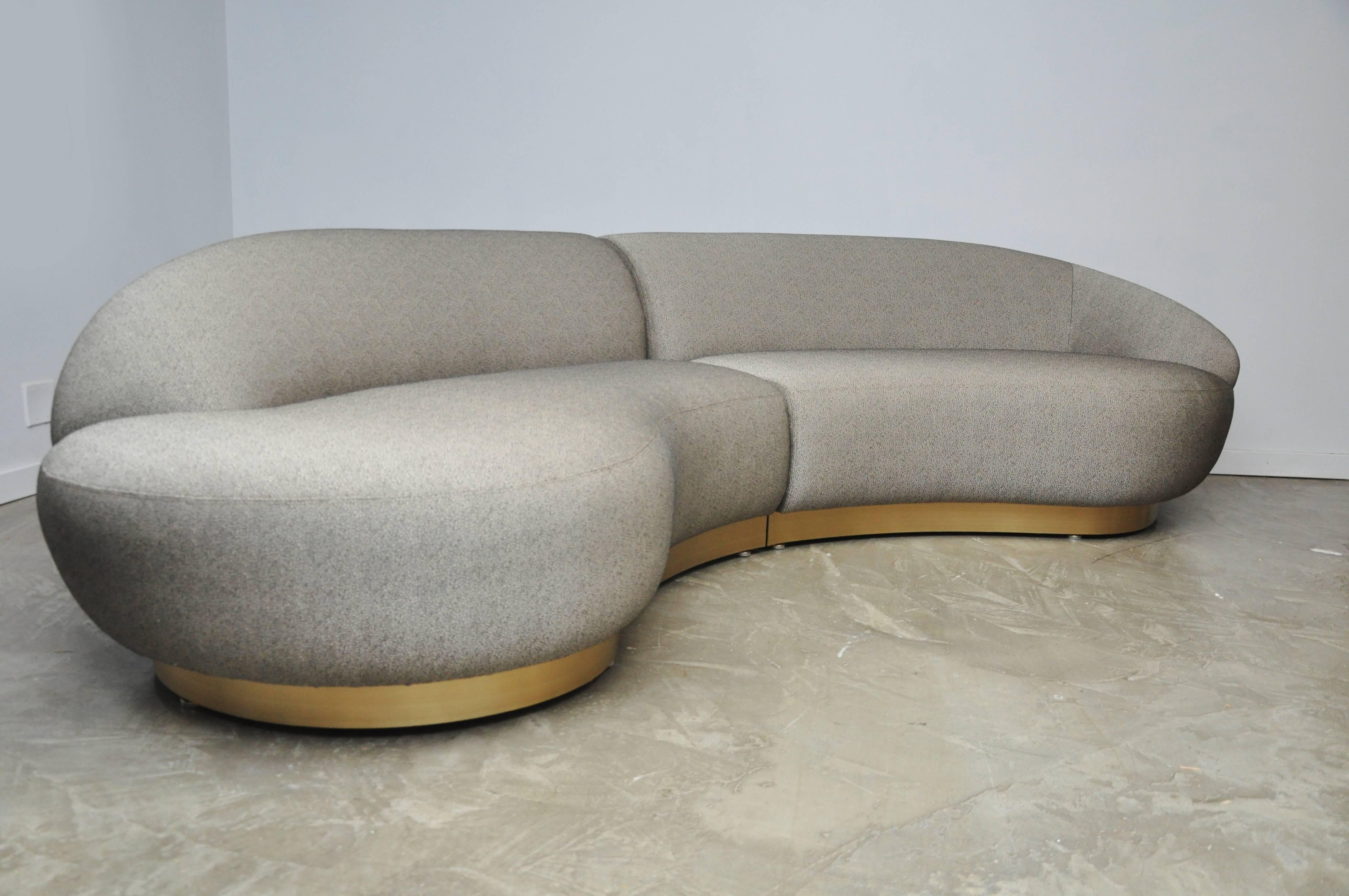 Two-piece sectional by Milo Baughman for Thayer-Coggin. Fully restored. New gold or black woven upholster by Great Plaines over brushed bronze base.