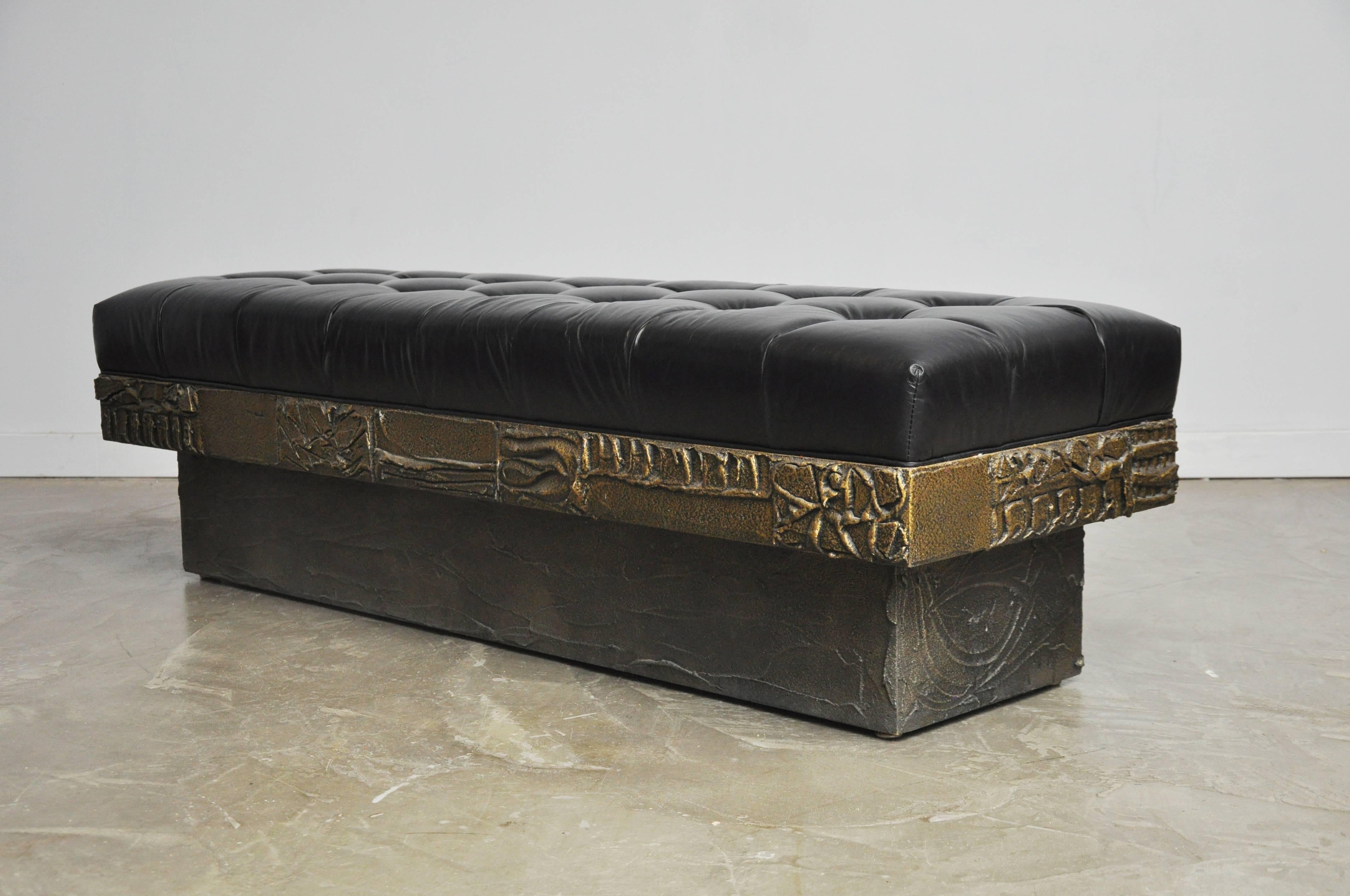 Mid-Century Modern Paul Evans Sculpted Bronze Bench with New Black Leather
