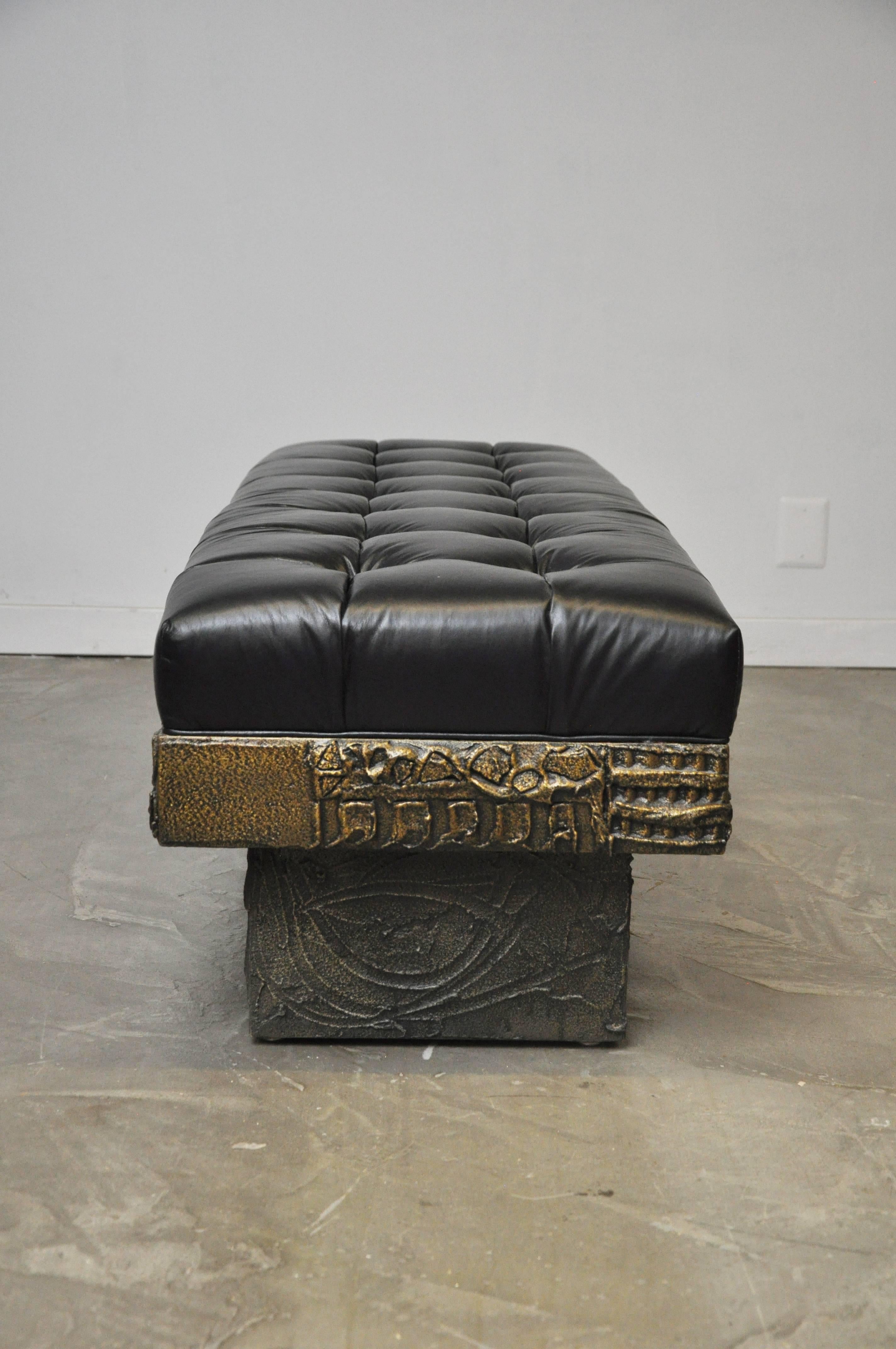 American Paul Evans Sculpted Bronze Bench with New Black Leather