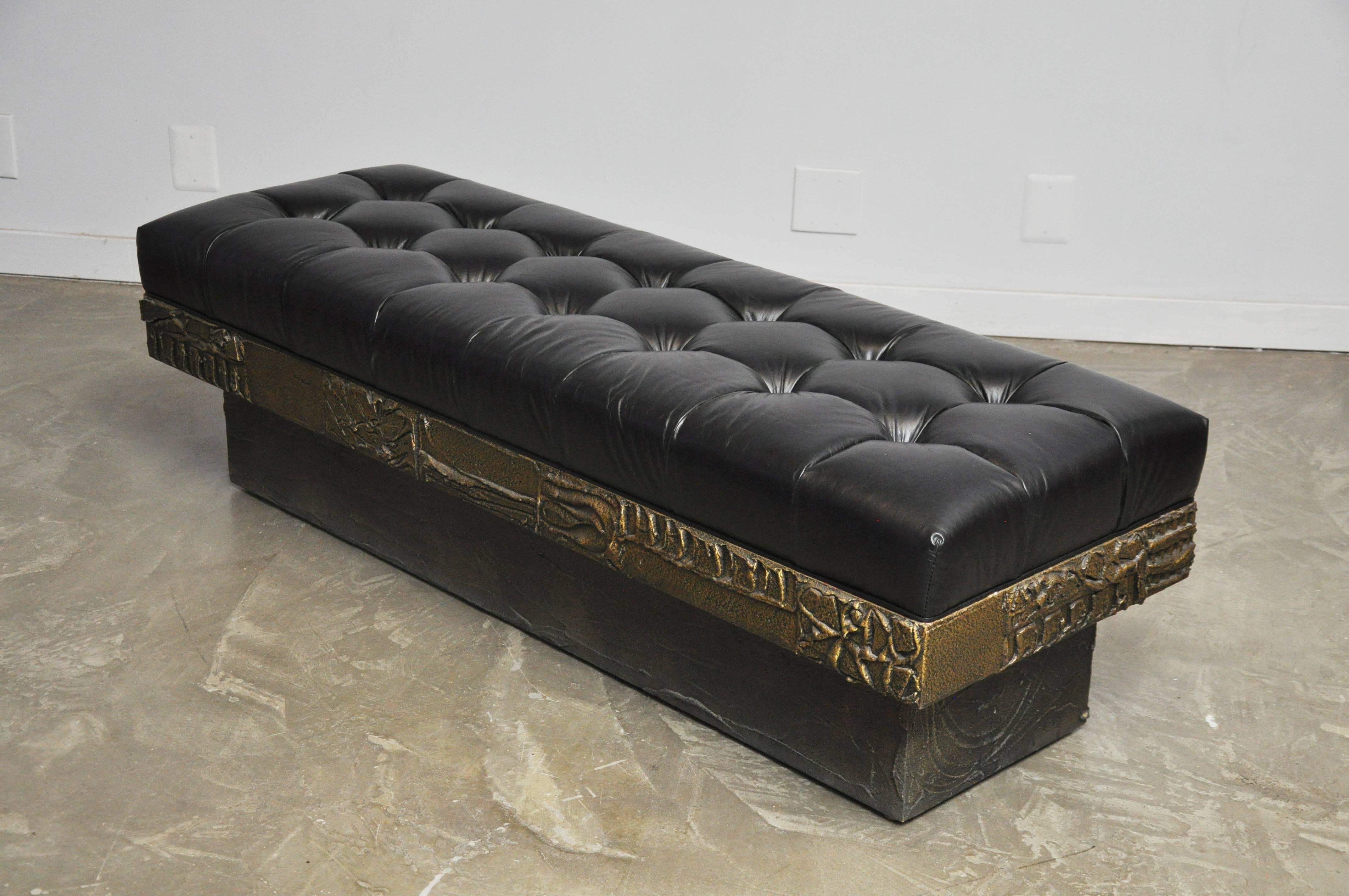 Paul Evans Sculpted Bronze Bench with New Black Leather In Excellent Condition In Chicago, IL