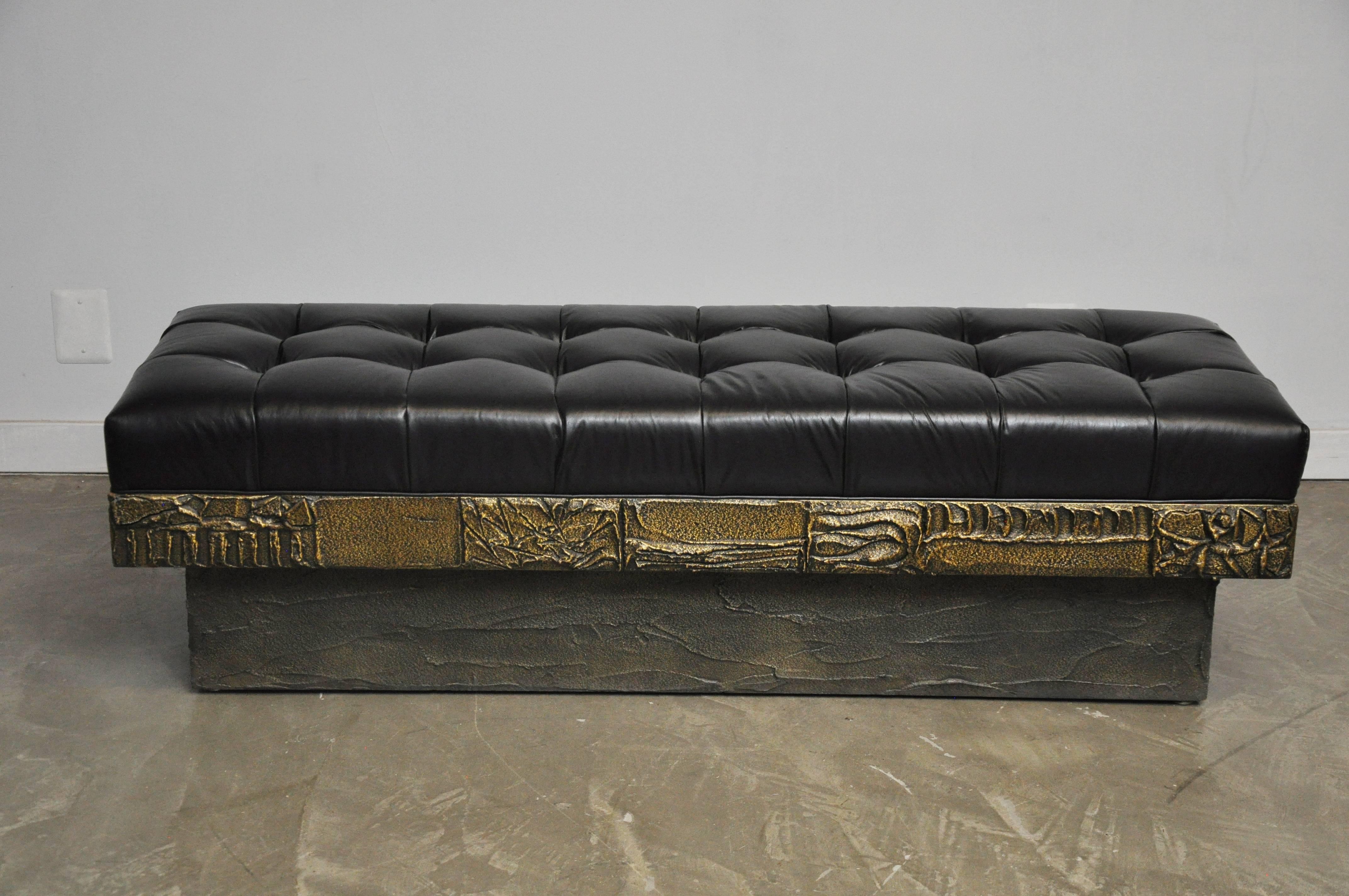 20th Century Paul Evans Sculpted Bronze Bench with New Black Leather