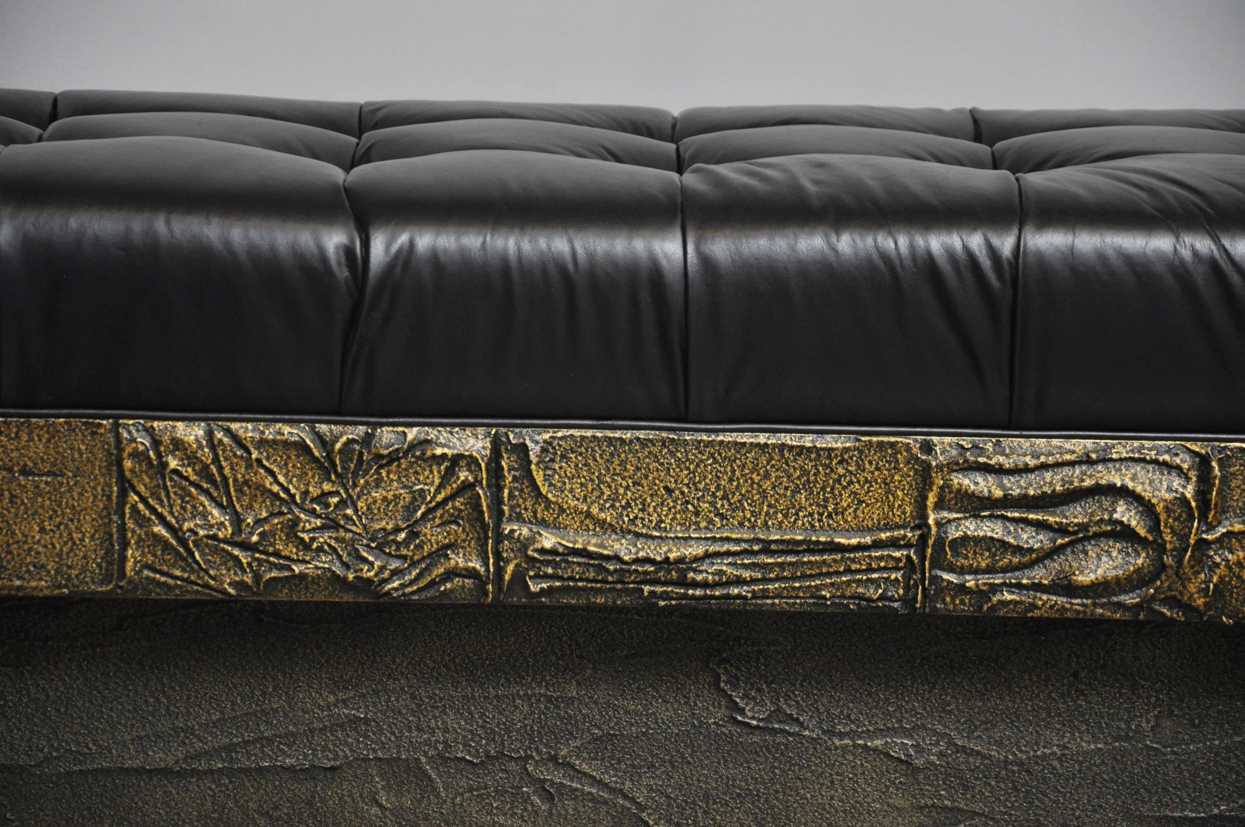 Paul Evans Sculpted Bronze Bench with New Black Leather 2
