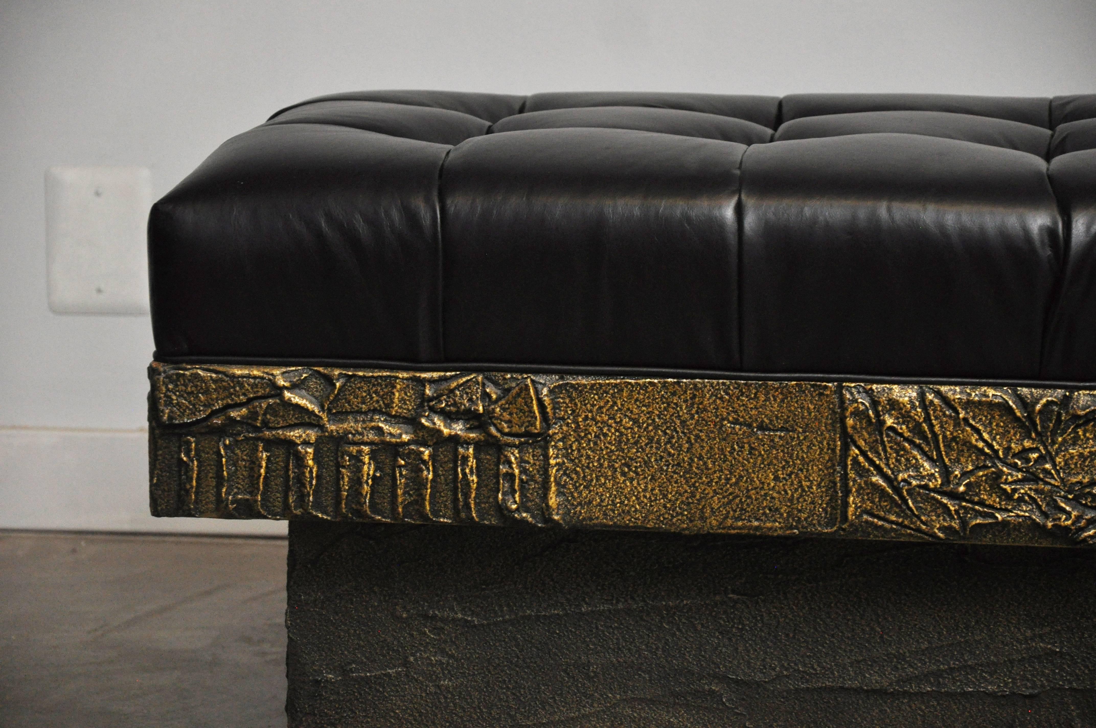 Paul Evans Sculpted Bronze Bench with New Black Leather 1