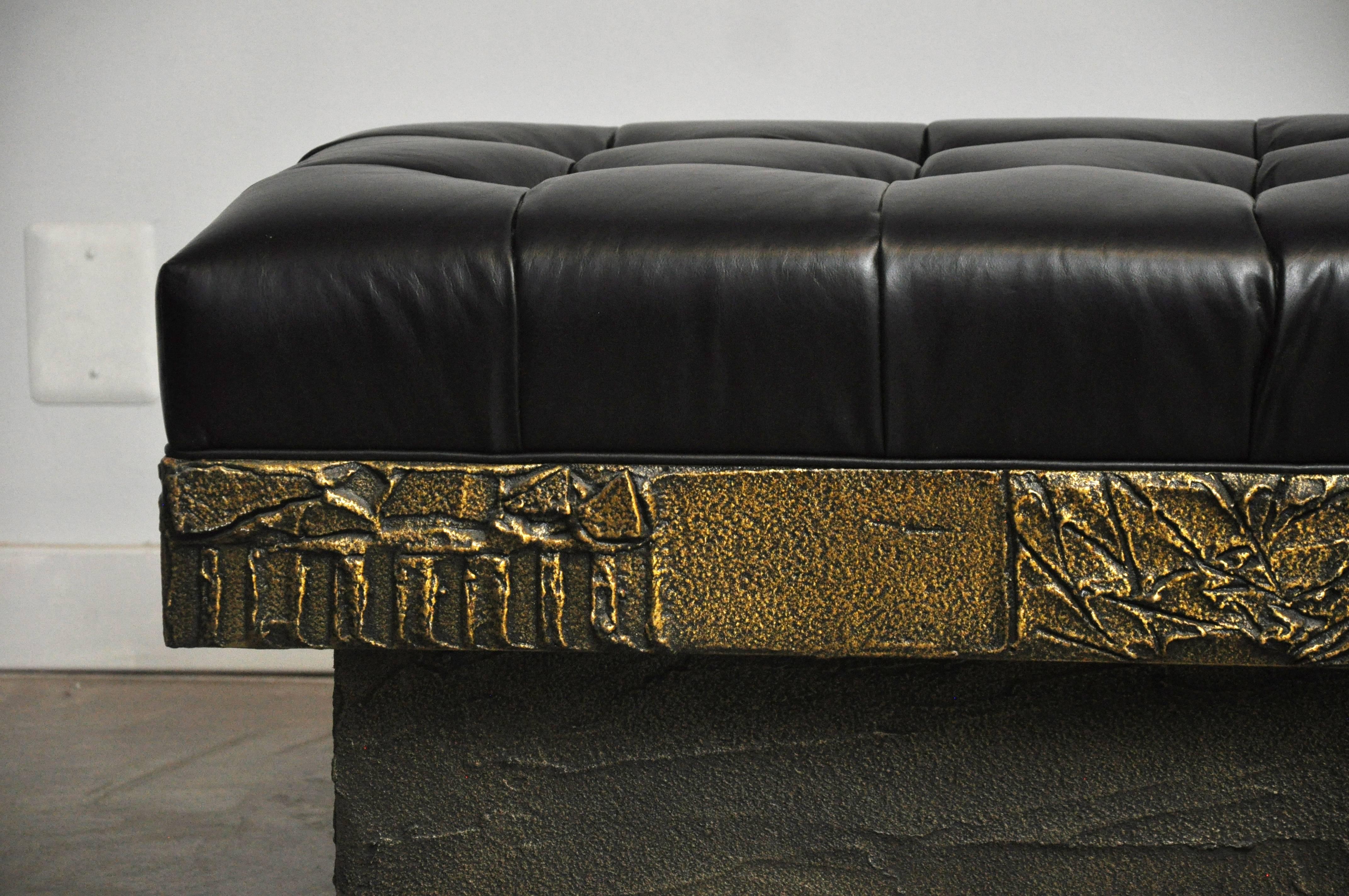 Paul Evans Sculpted Bronze Bench with New Black Leather 3