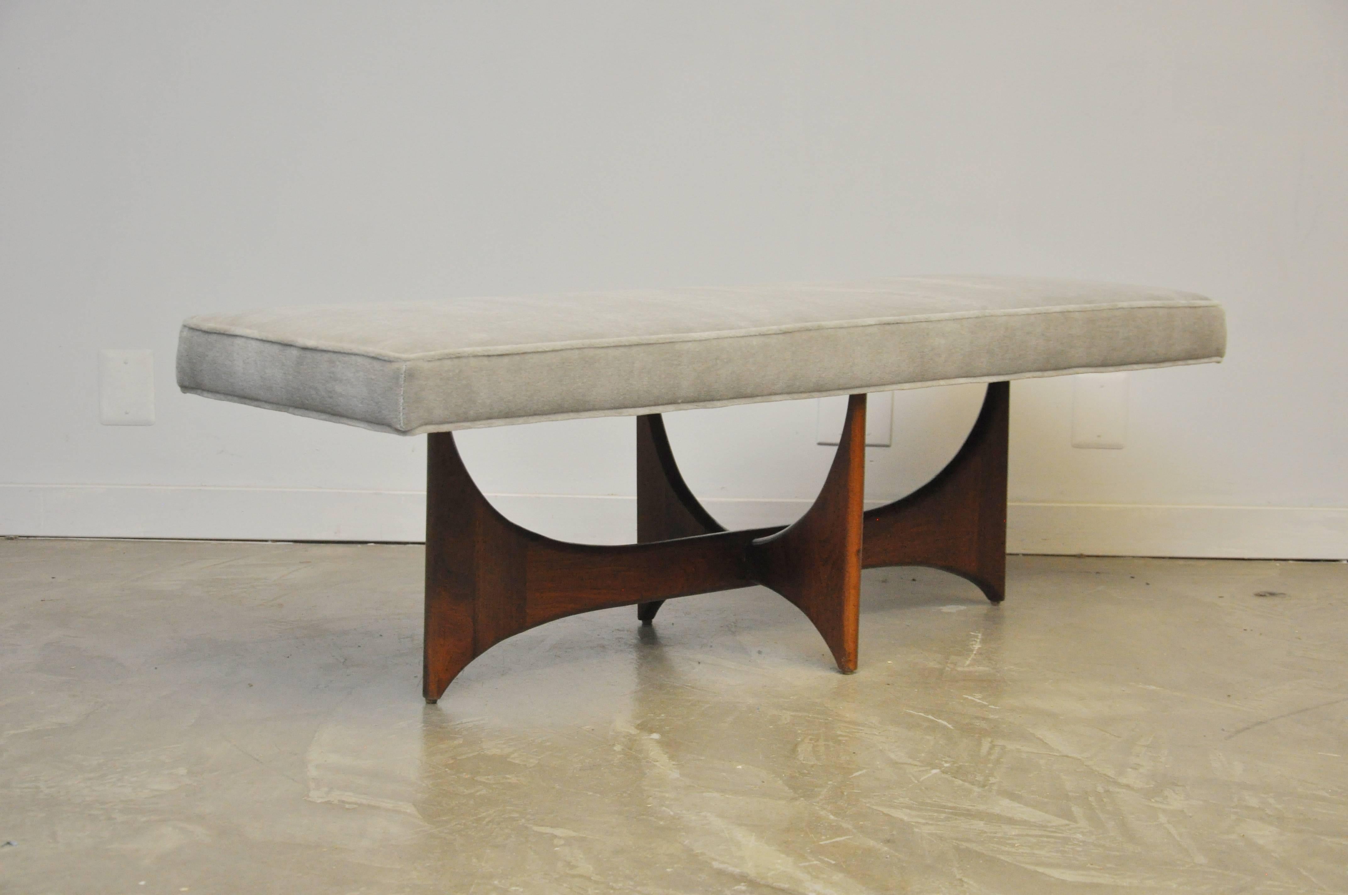 Mid-Century Modern Sculptural Walnut Bench in Grey Mohair