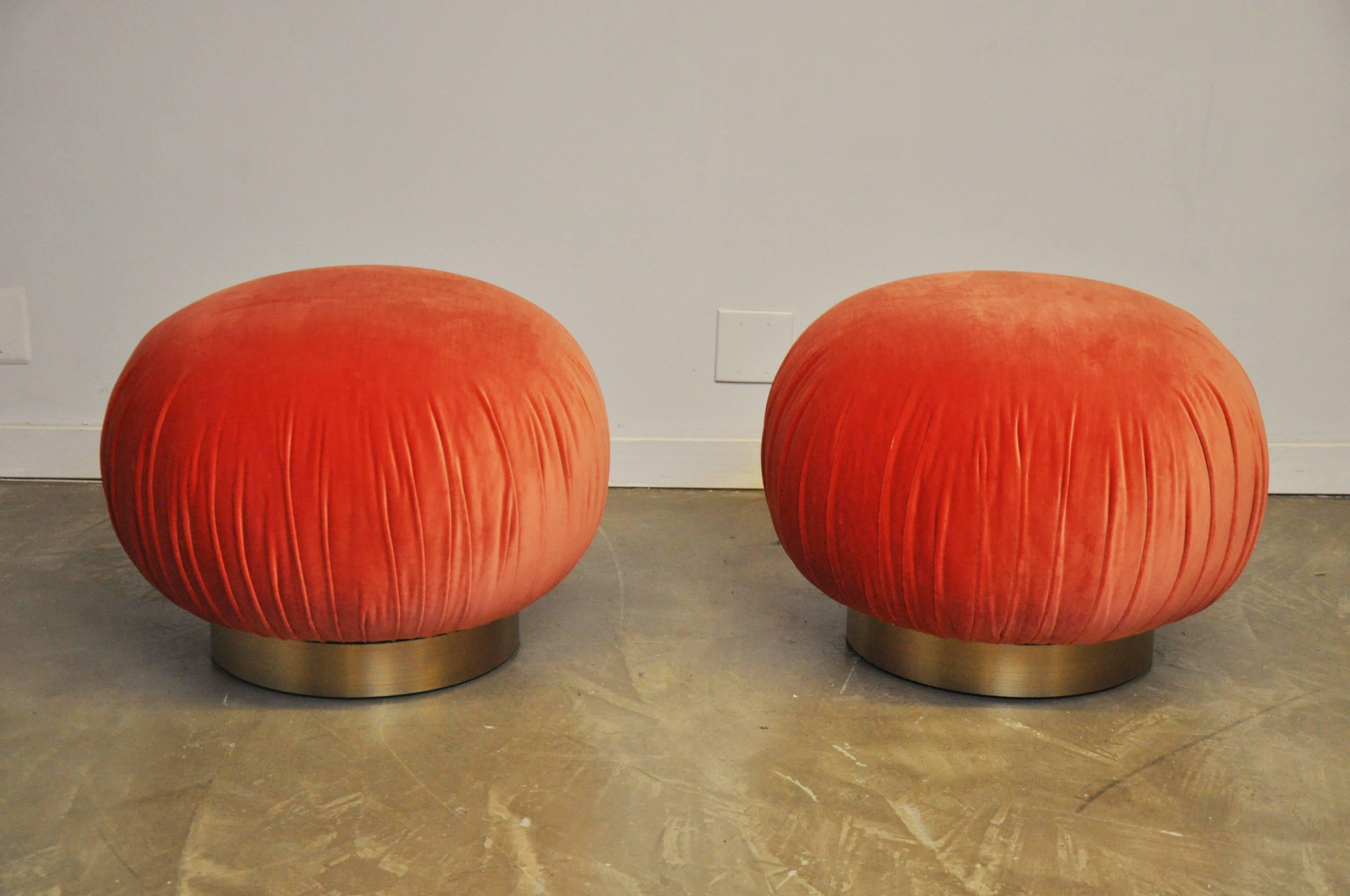 Mid-Century Modern Pair of Adrian Pearsall Swivel Pouf Ottomans on Brushed Brass Bases