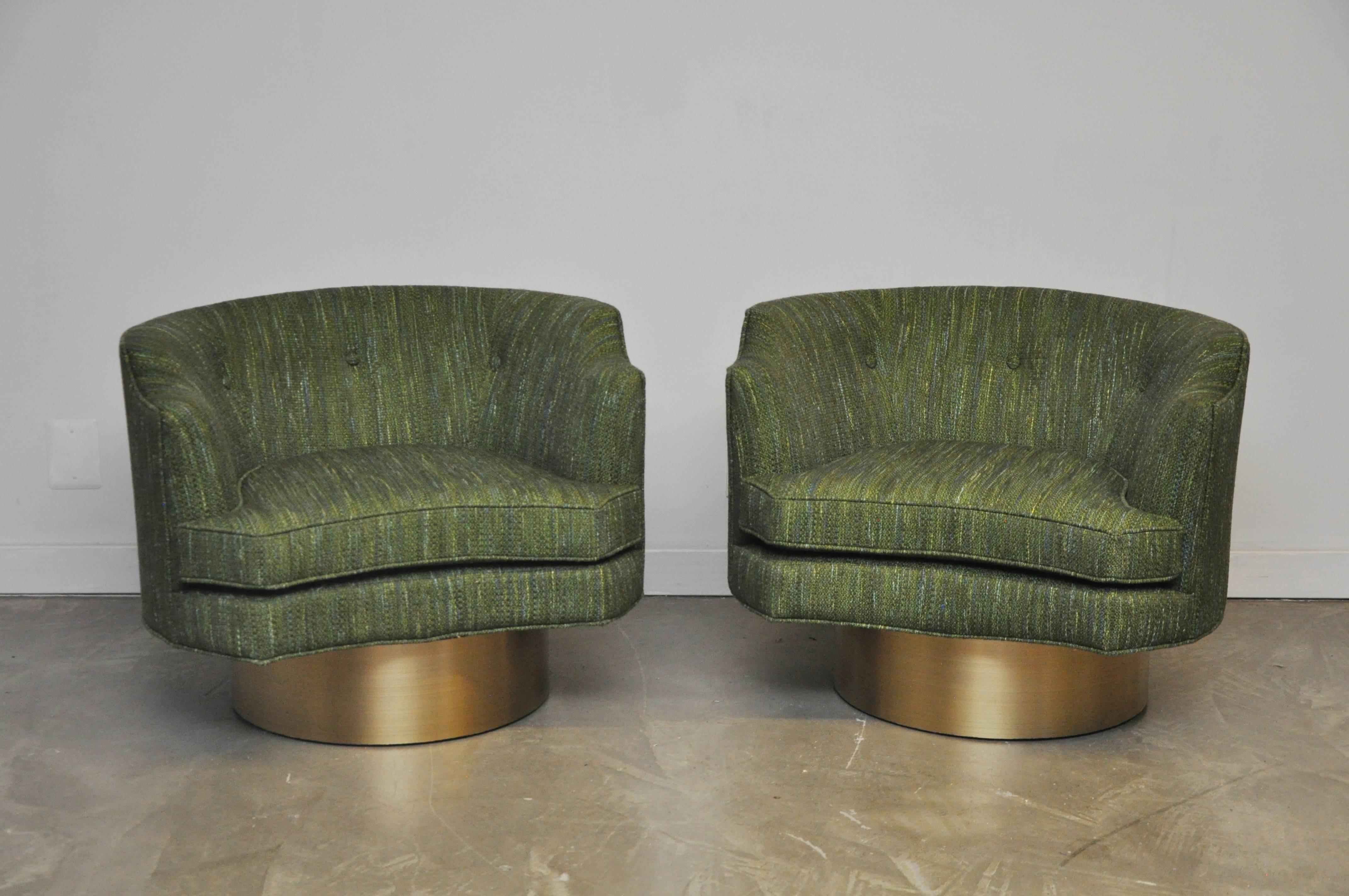 Pair of swivel chairs by Harvey Probber. Fully restored and reupholstered.