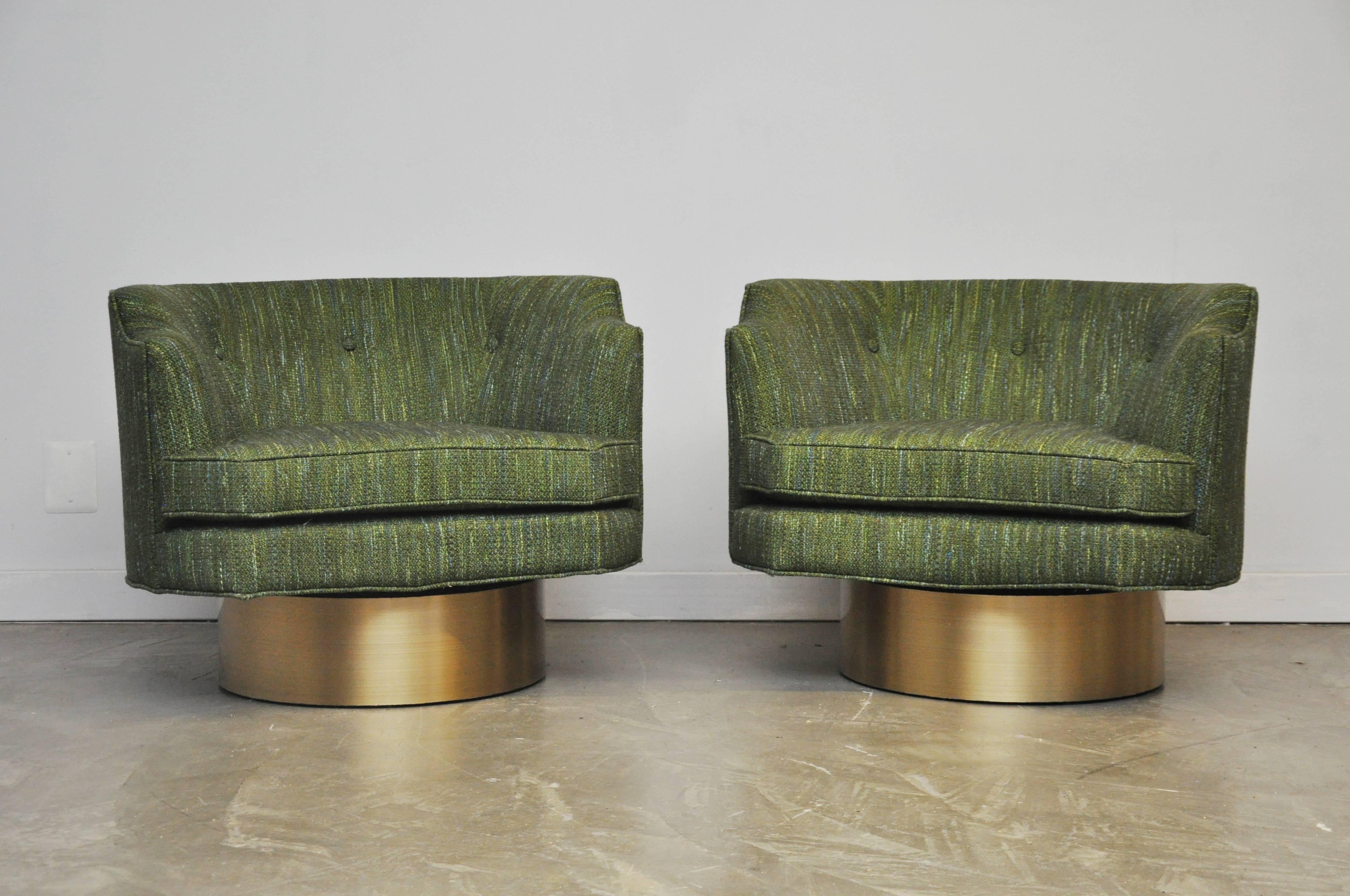 Harvey Probber Swivel Chairs on Brushed Brass Bases In Excellent Condition In Chicago, IL