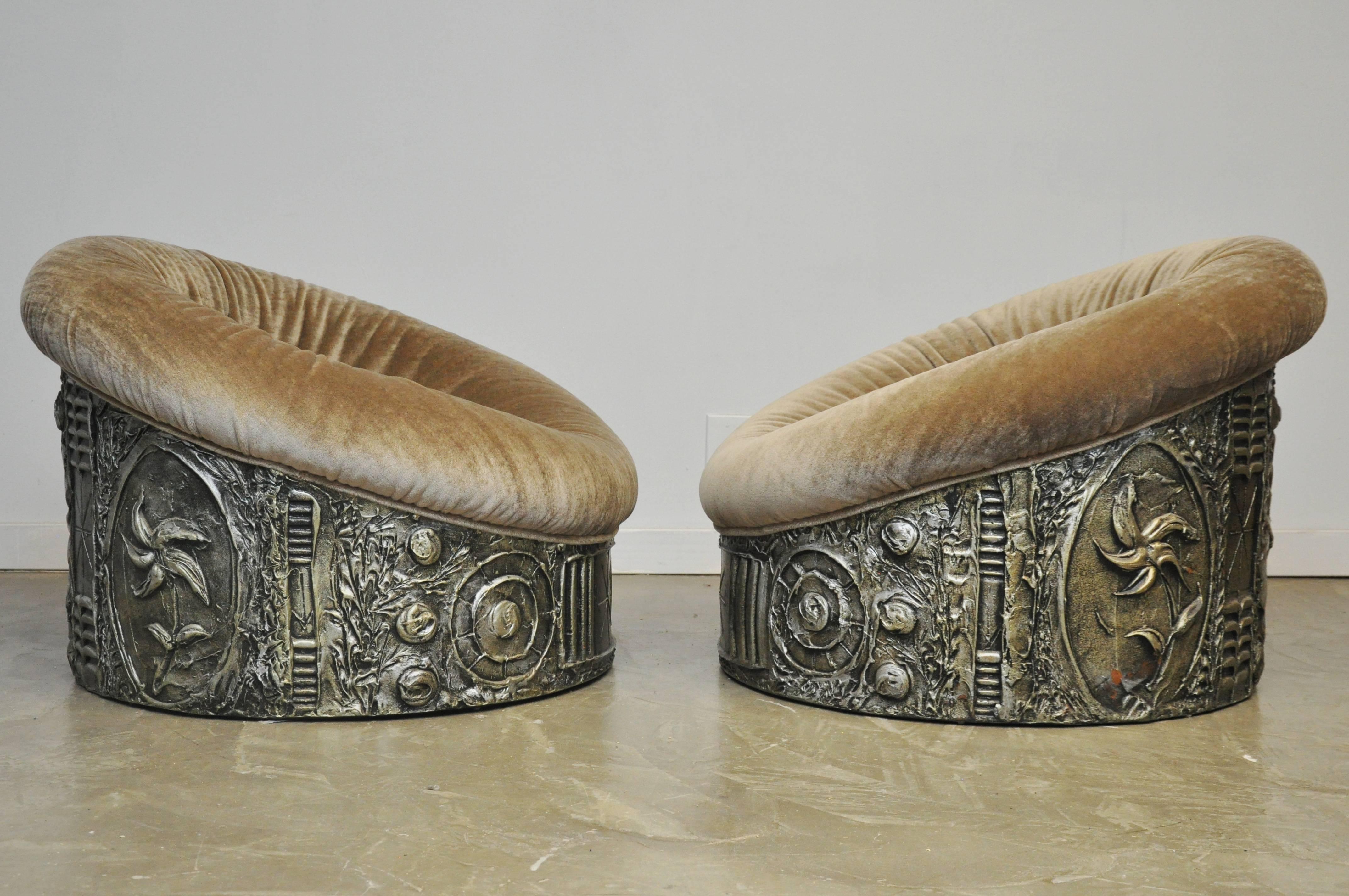 Pair of Brutalist drum lounge chairs by Adrian Pearsall. New ultra plush mohair.