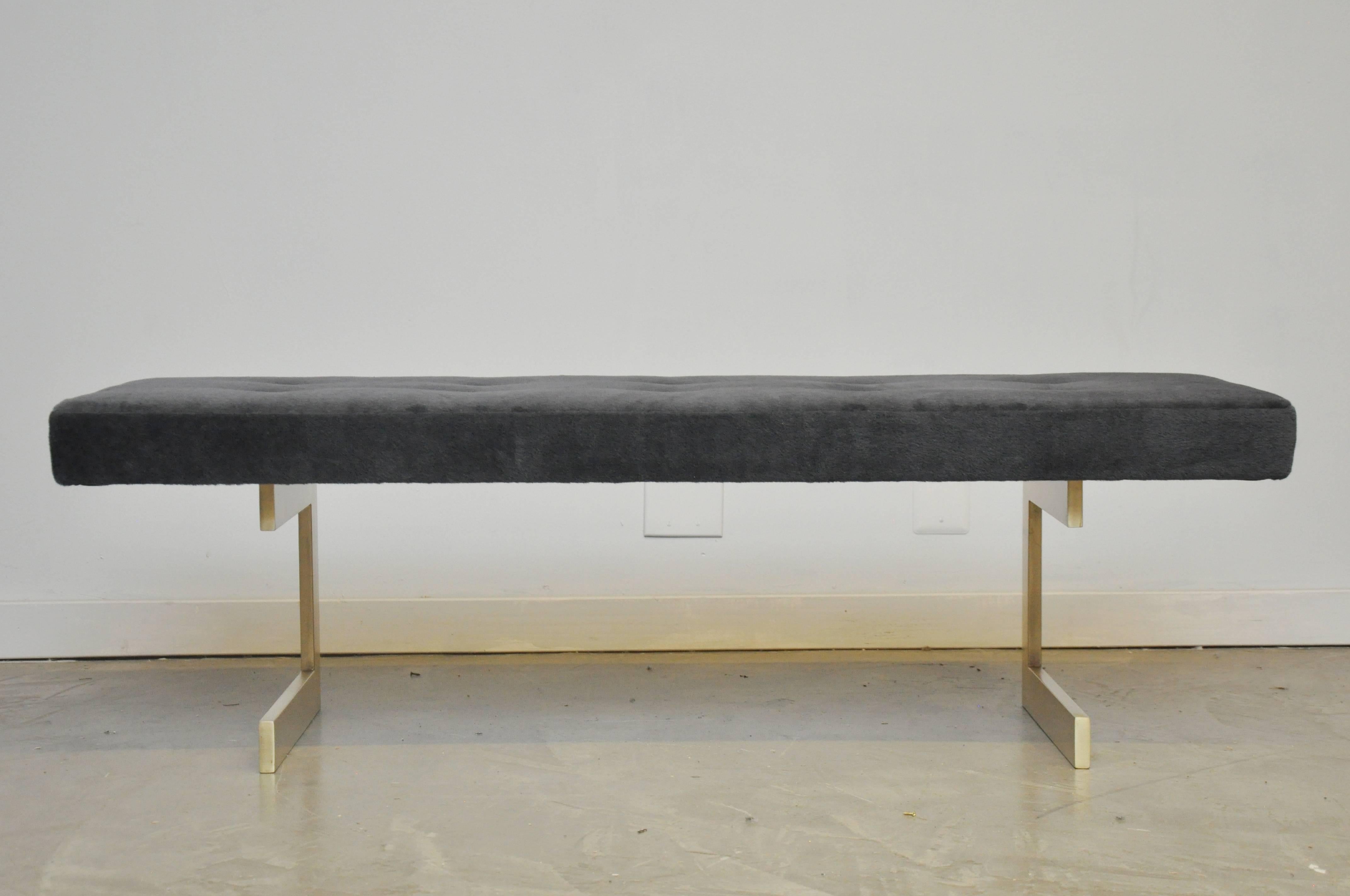 Cantilever brushed bronze base bench with new charcoal angora velvet upholstery, circa 1960.