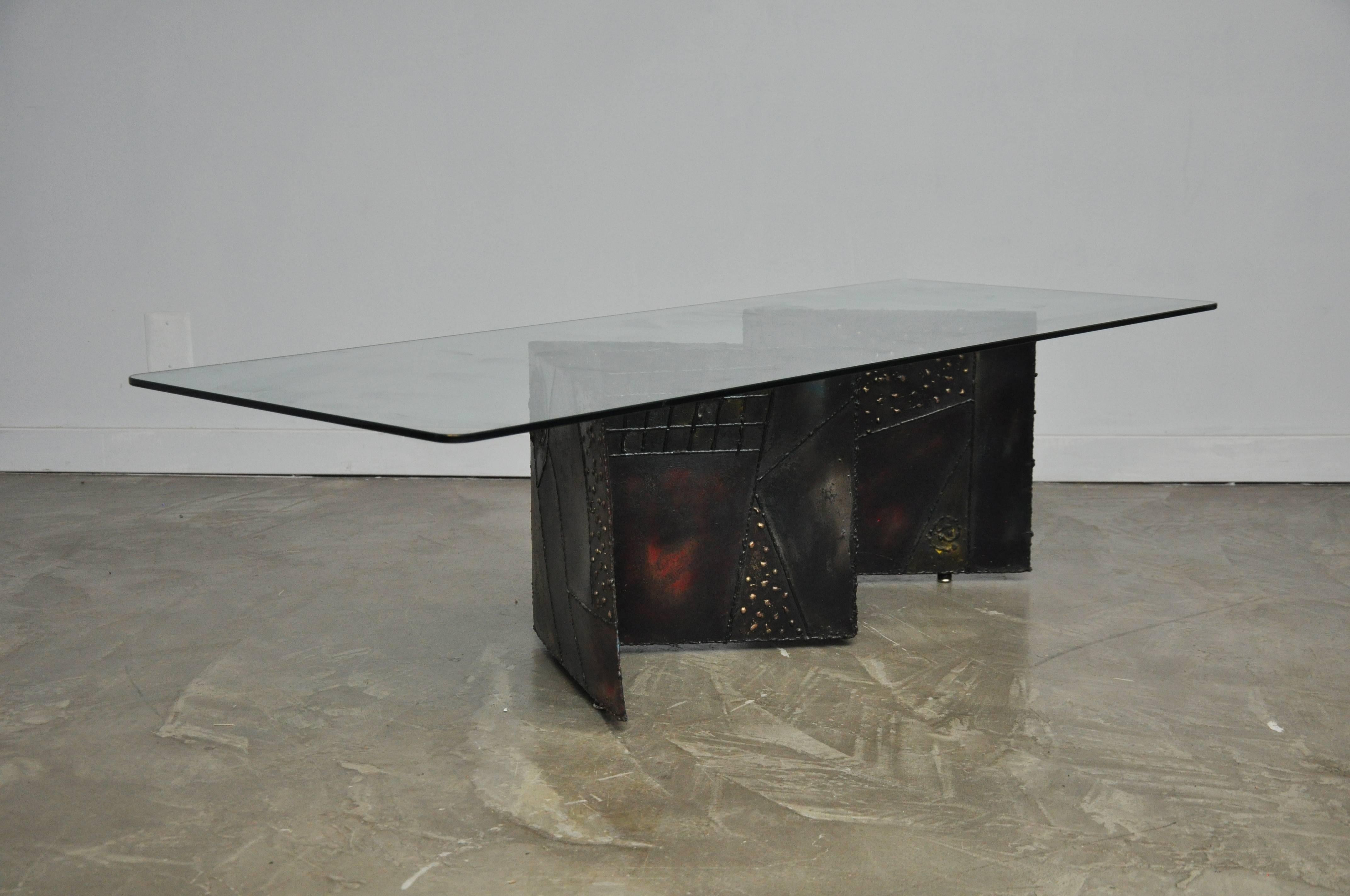 Zig zag pedestal coffee table by Paul Evans for Directional. Model PE-11. Sculpted and welded metal patchwork. Bronze patina accented by primary colors.