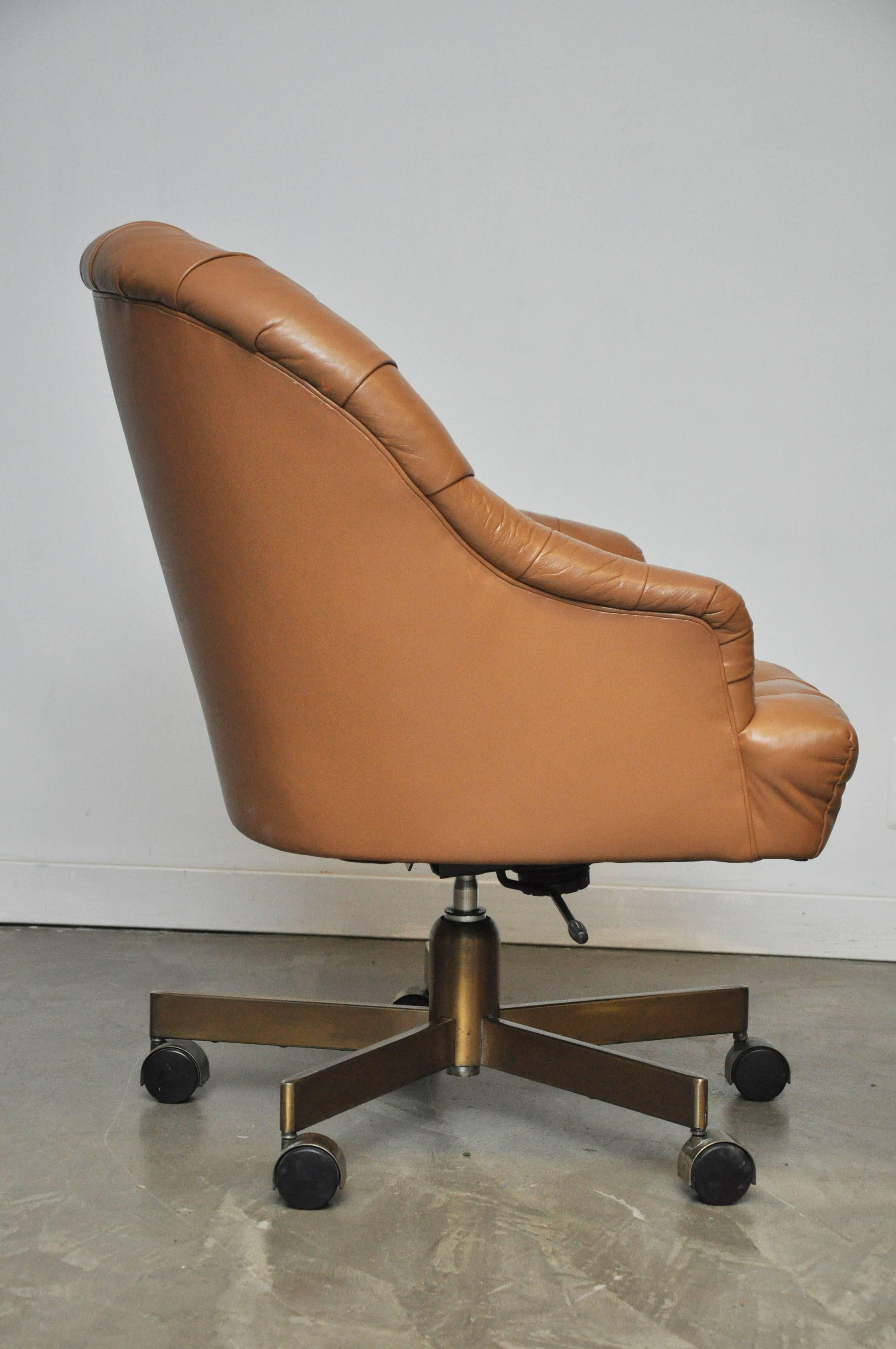 Dunbar Tufted Leather Desk Chair on Bronze Base by Edward Wormley In Excellent Condition In Chicago, IL