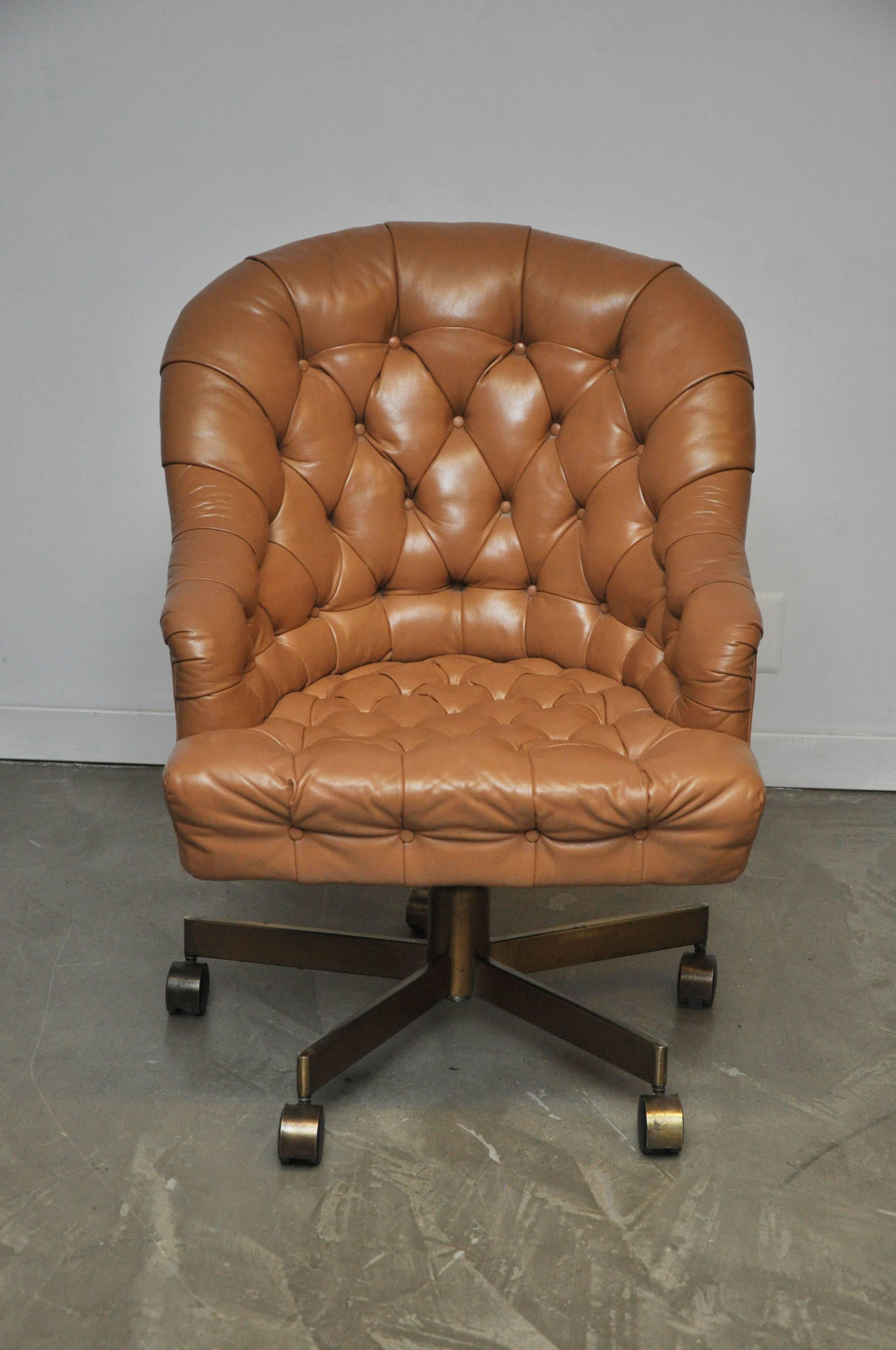 20th Century Dunbar Tufted Leather Desk Chair on Bronze Base by Edward Wormley