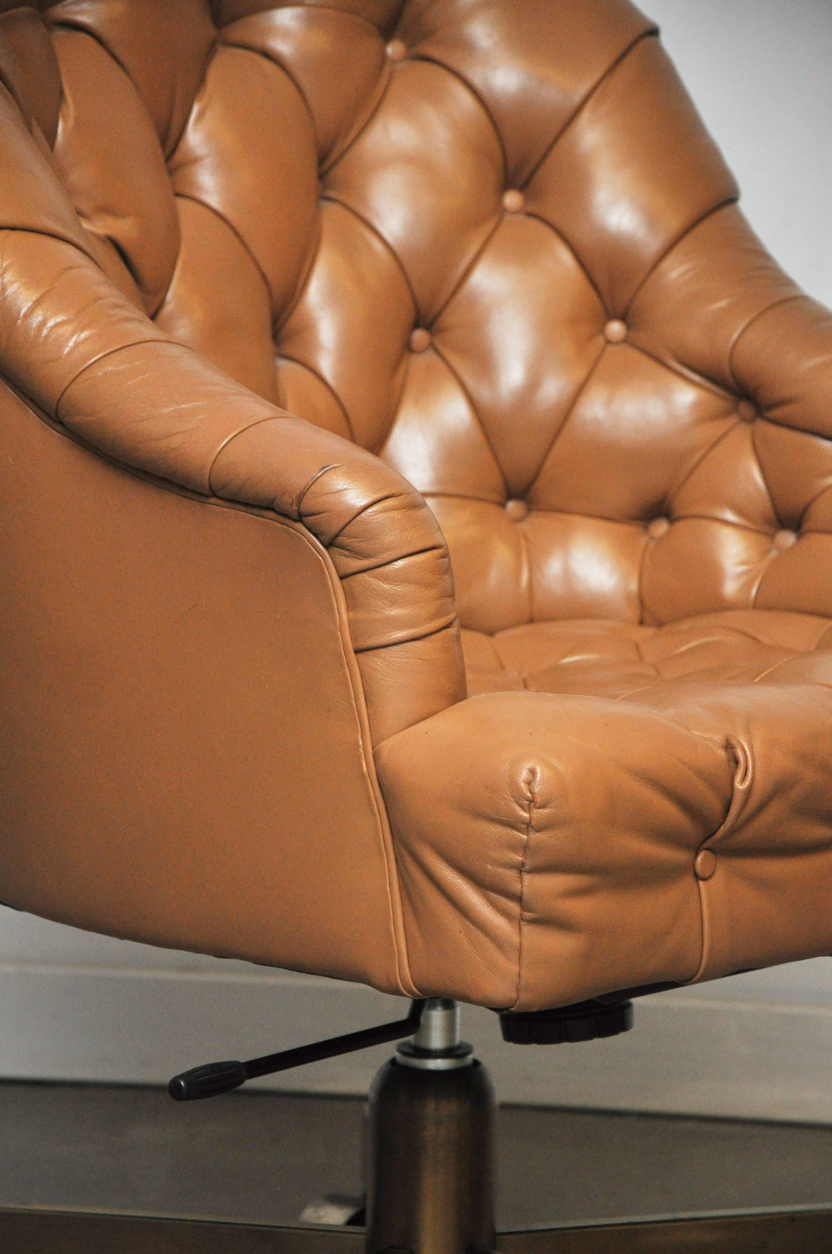 Dunbar Tufted Leather Desk Chair on Bronze Base by Edward Wormley 1