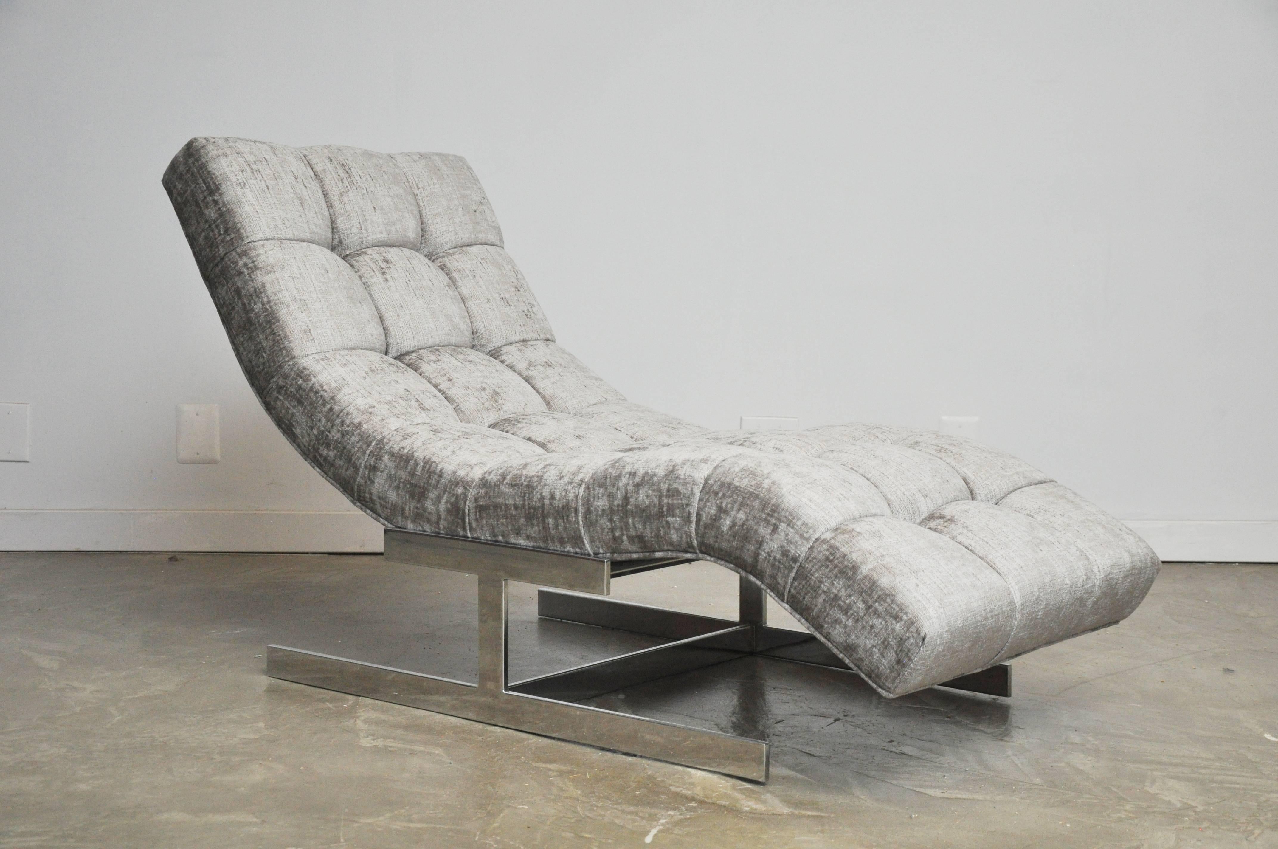 Wave chaise by Milo Baughman. Newly upholstered. Chrome base.