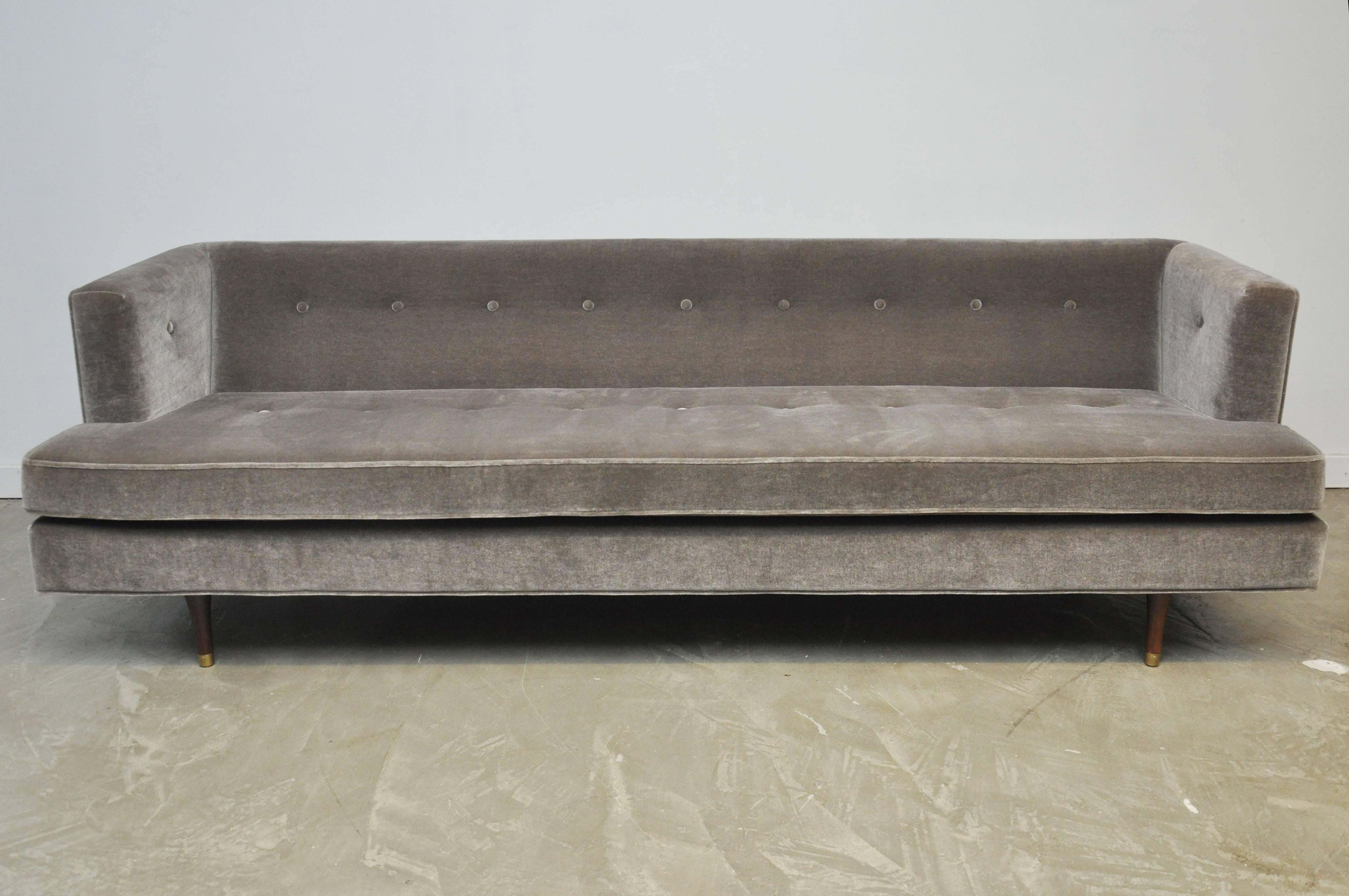 Classic Dunbar sofa by Edward Wormley. Fully restored and reupholstered in grey mohair.
 