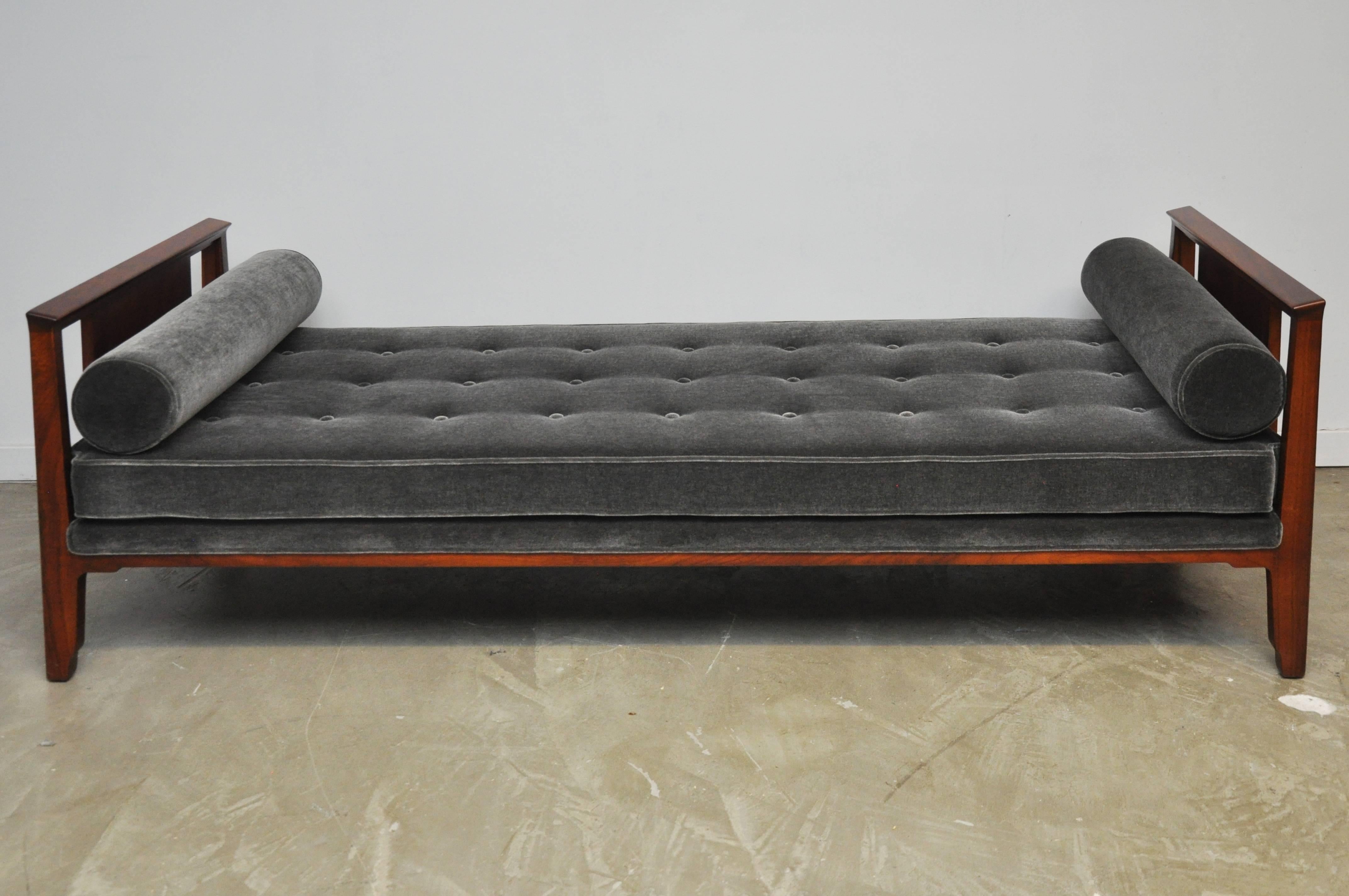 Edward Wormley designed Janus daybed for Dunbar. Fully restored and refinished. Walnut frame with new charcoal mohair upholstery.