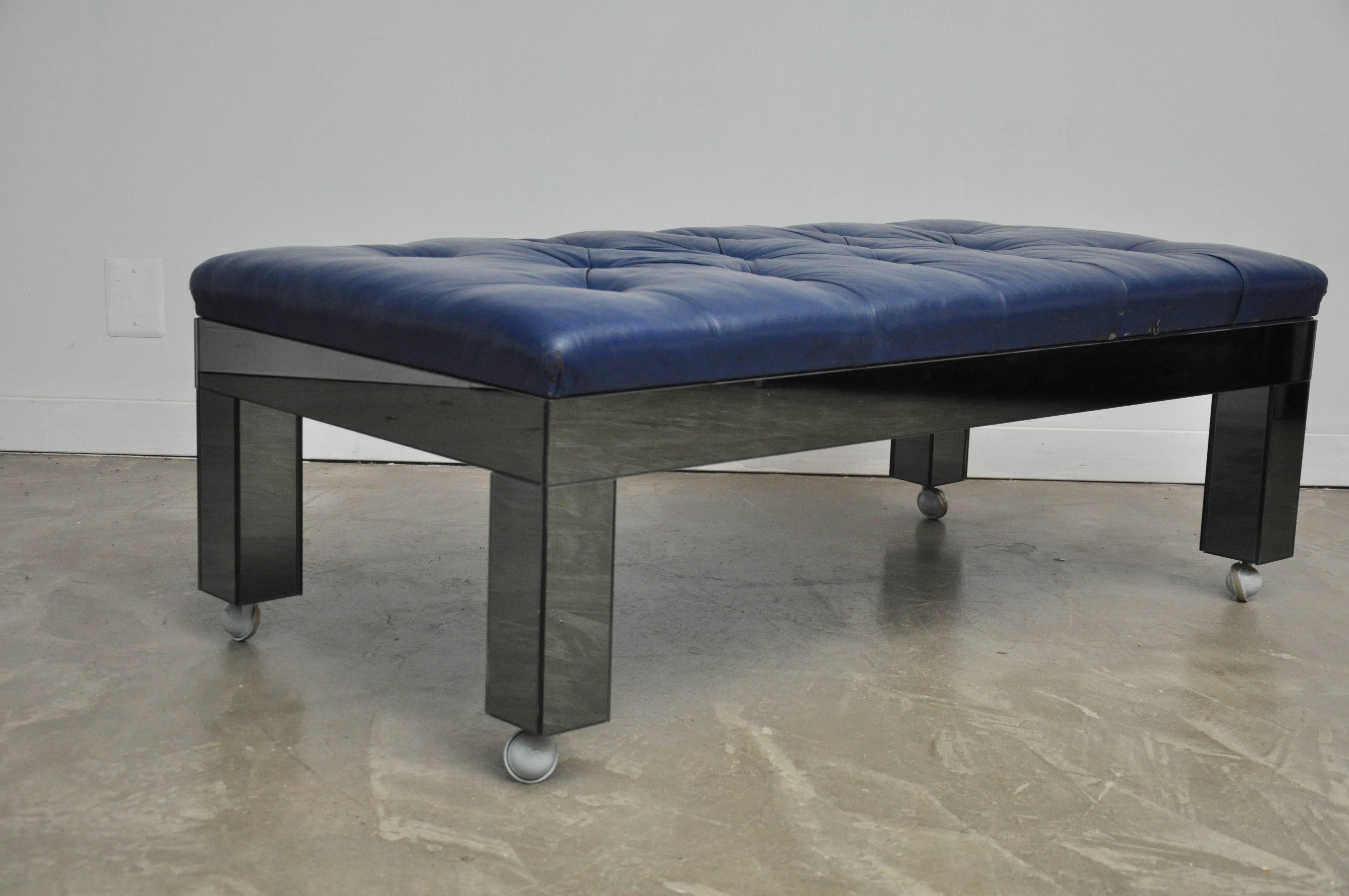 Mid-Century Modern Blue Leather and Mirror Clad Bench
