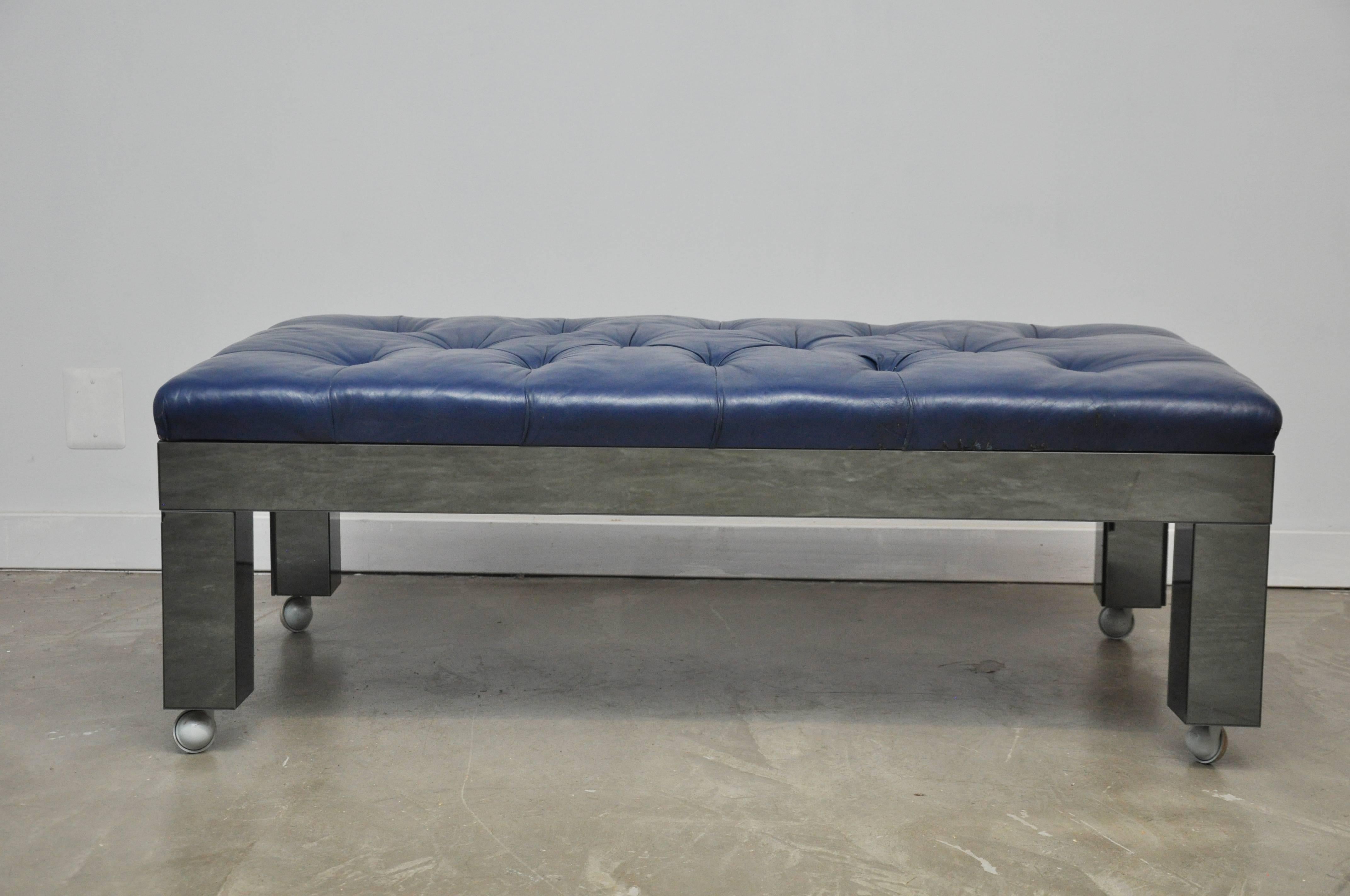 American Blue Leather and Mirror Clad Bench