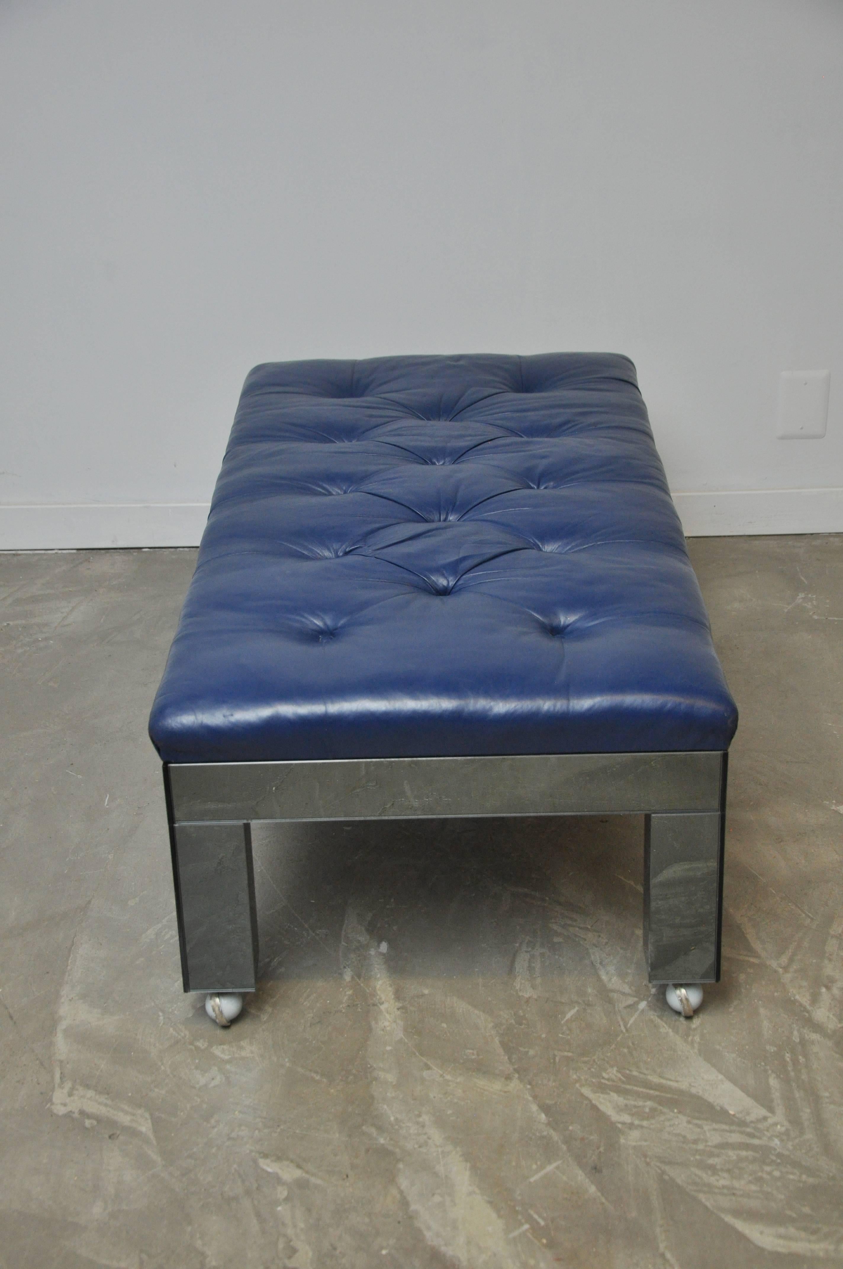 Blue Leather and Mirror Clad Bench In Excellent Condition In Chicago, IL