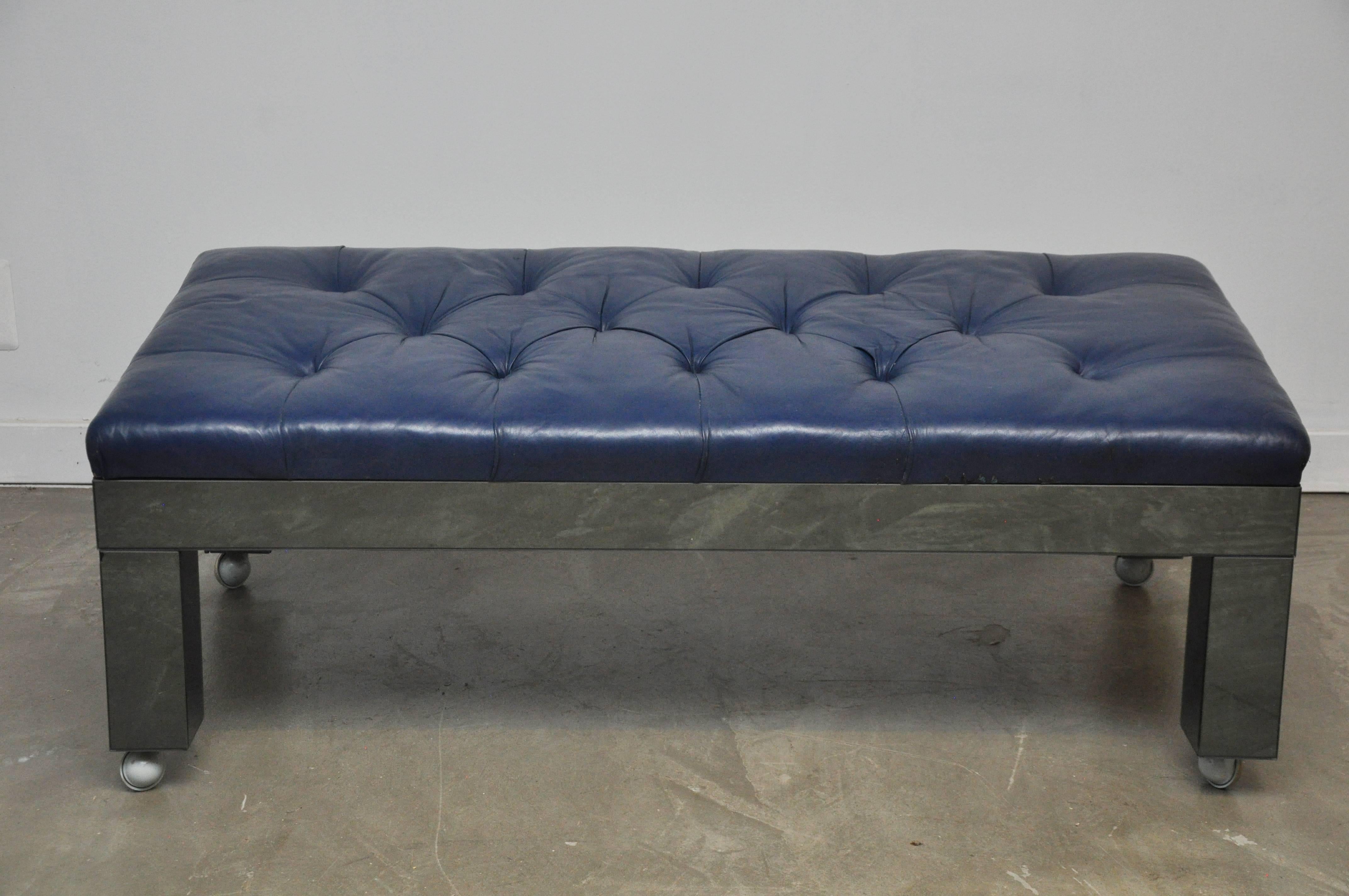 20th Century Blue Leather and Mirror Clad Bench