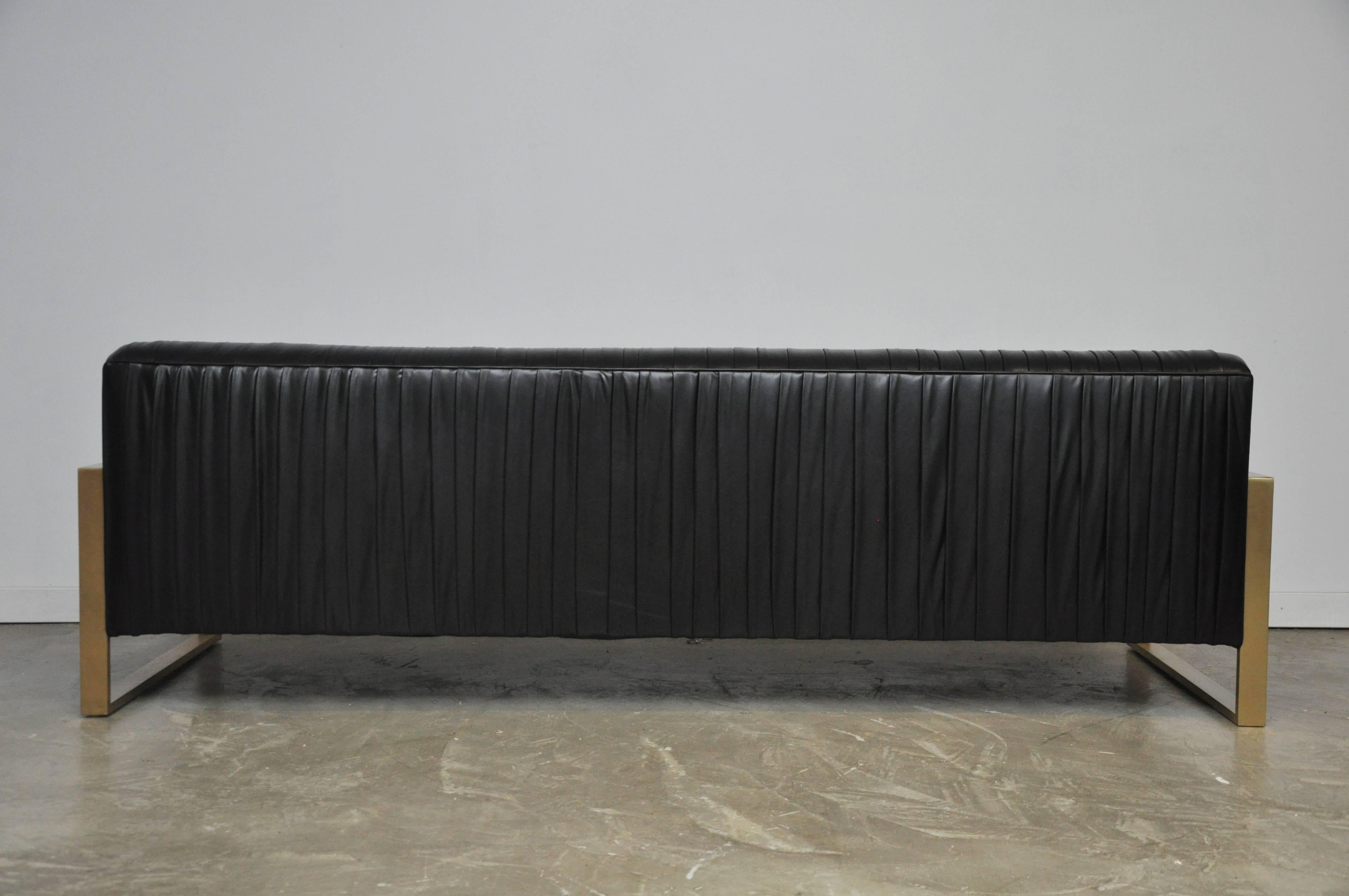 Mid-Century Modern Modern Drama Pleated Leather Sofa with Brushed Brass Frames