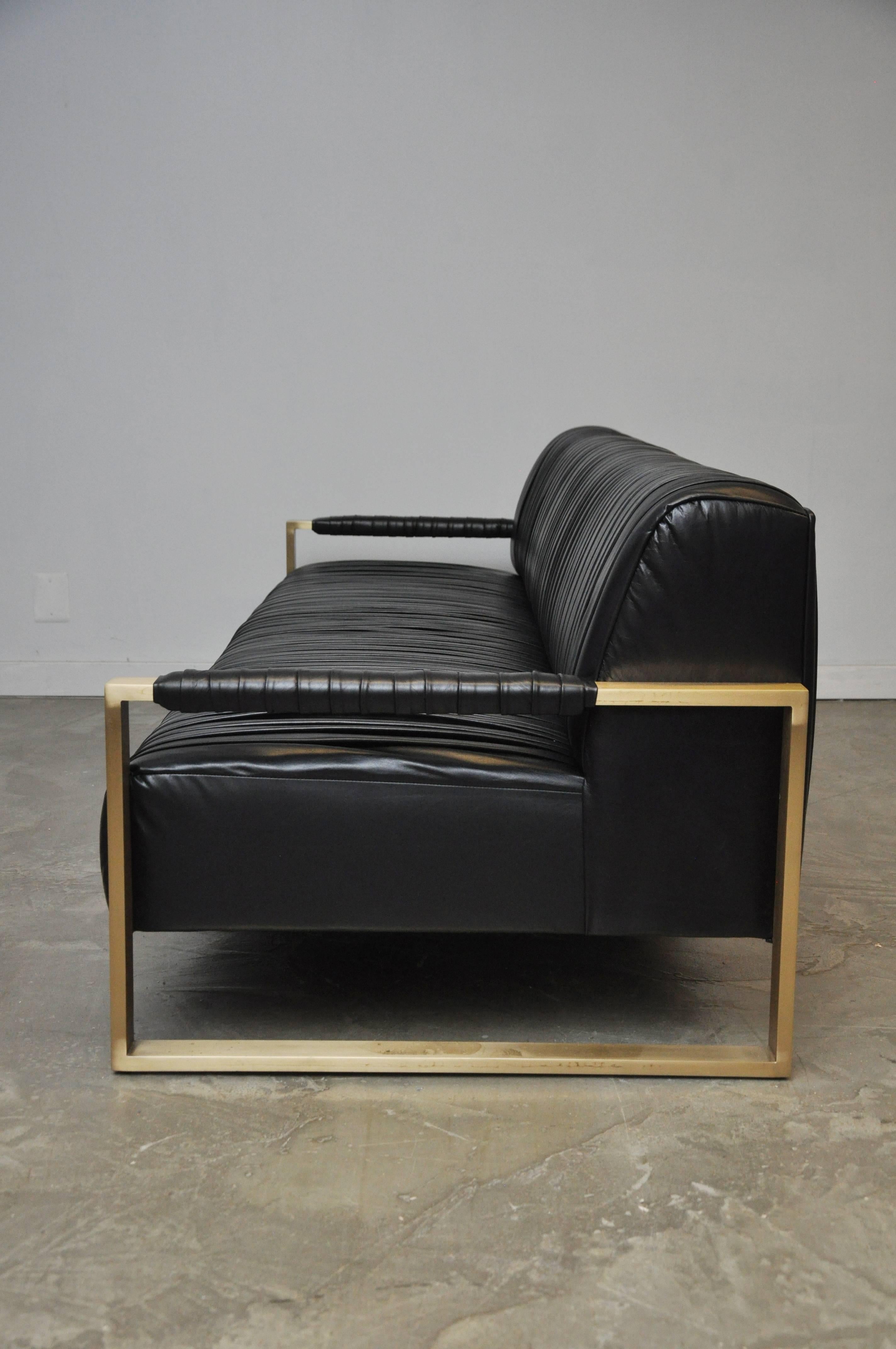 Modern Drama Pleated Leather Sofa with Brushed Brass Frames In Excellent Condition In Chicago, IL