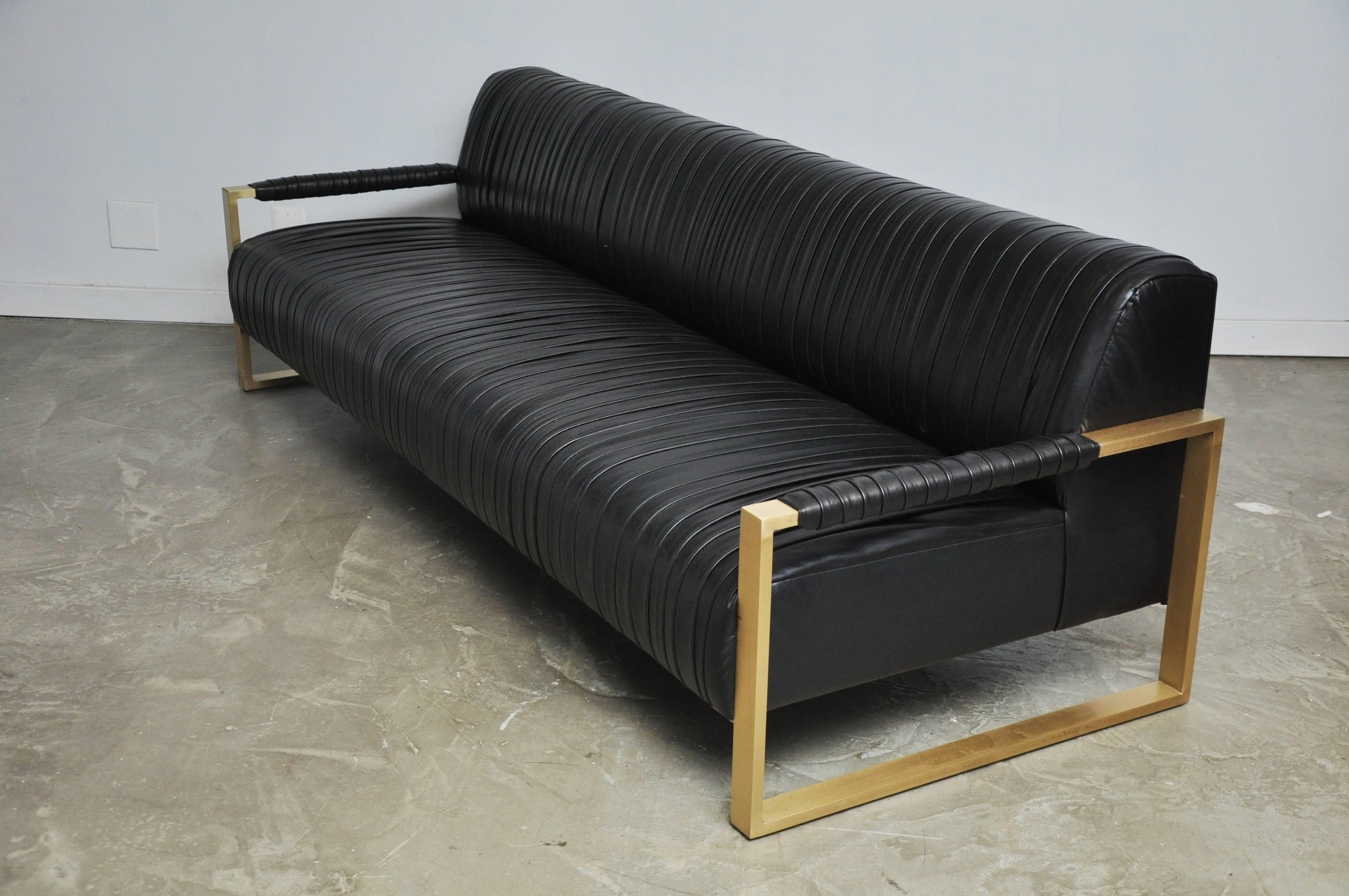 Contemporary Modern Drama Pleated Leather Sofa with Brushed Brass Frames