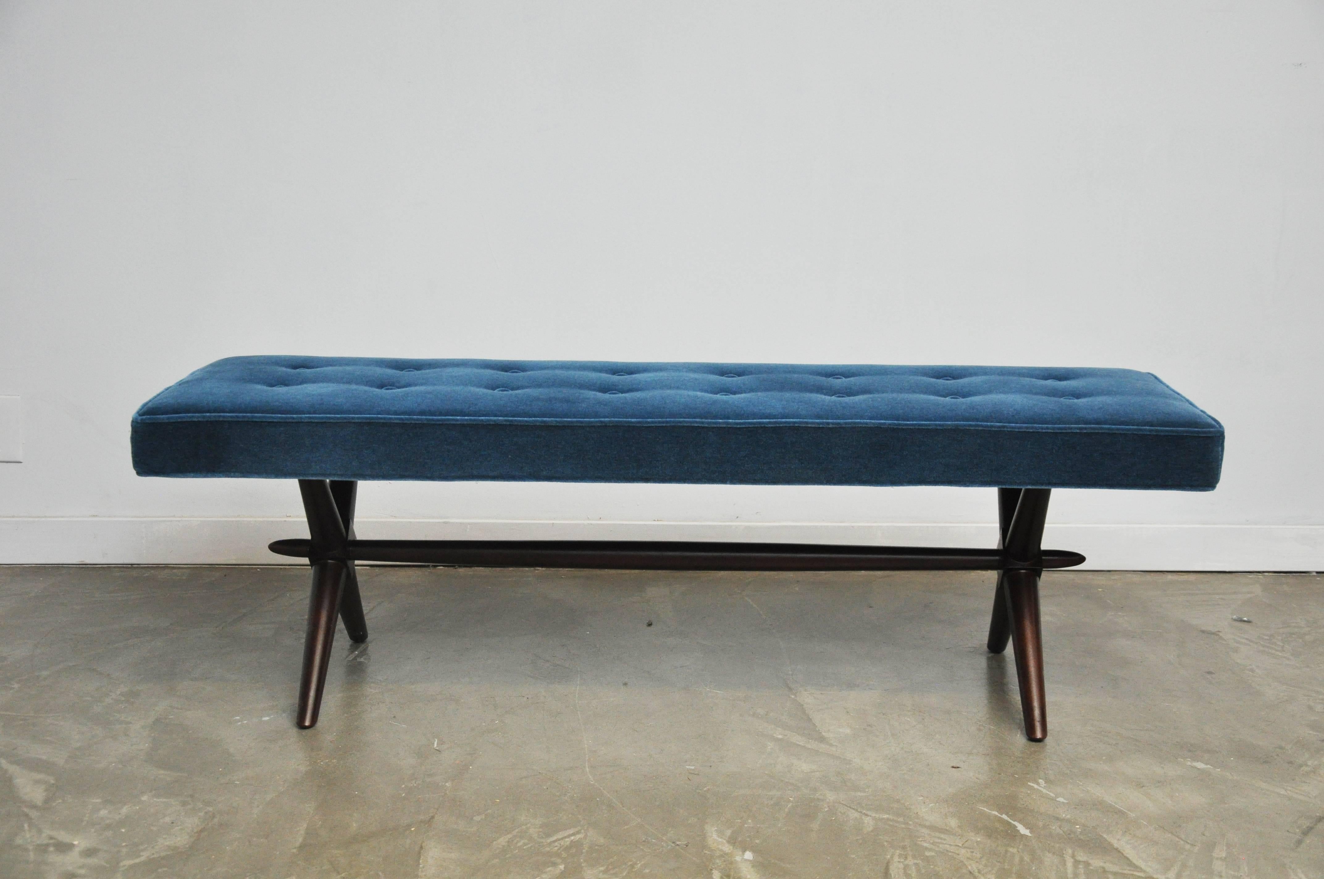 X-base bench by T.H. Robsjohn-Gibbings. Fully restored. Refinished and reupholstered in mohair.