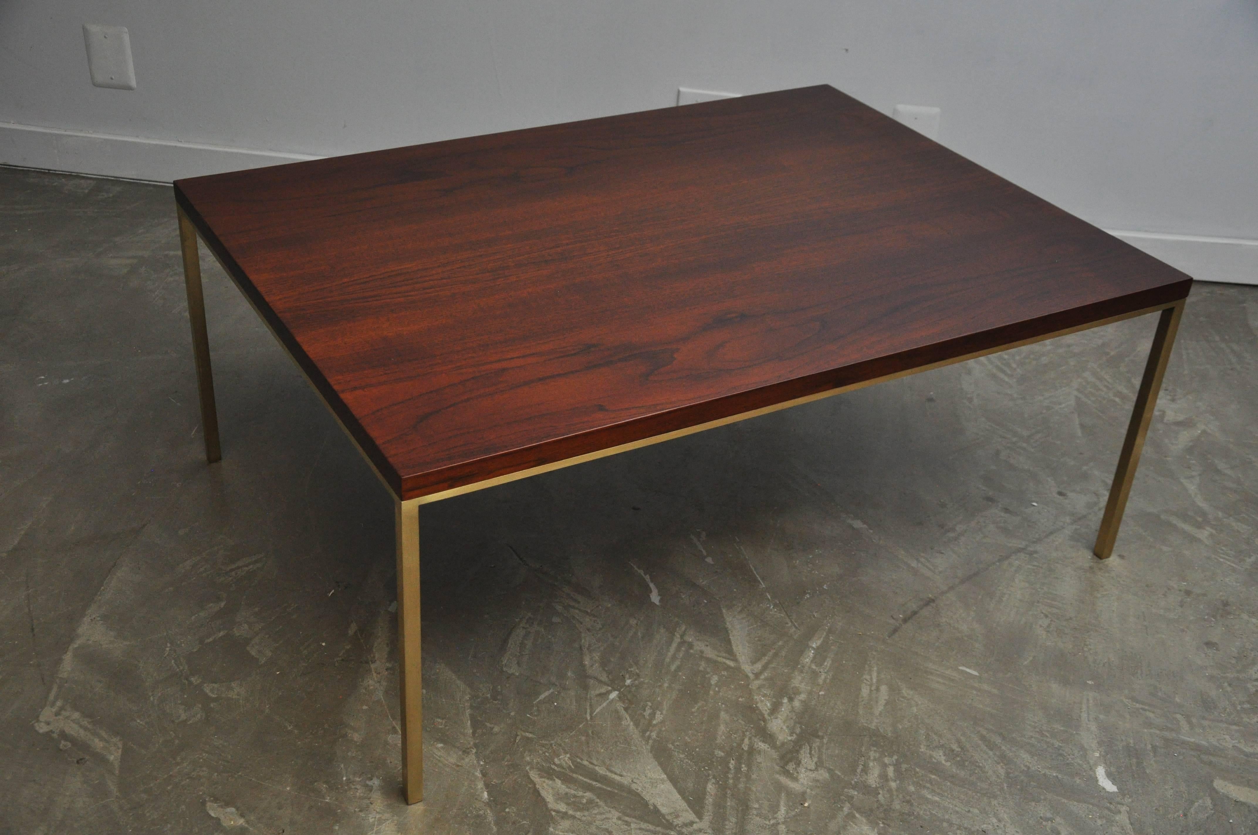 Walnut top with brass frame coffee table by Harvey Probber. Fully restored and refinished. 

 
