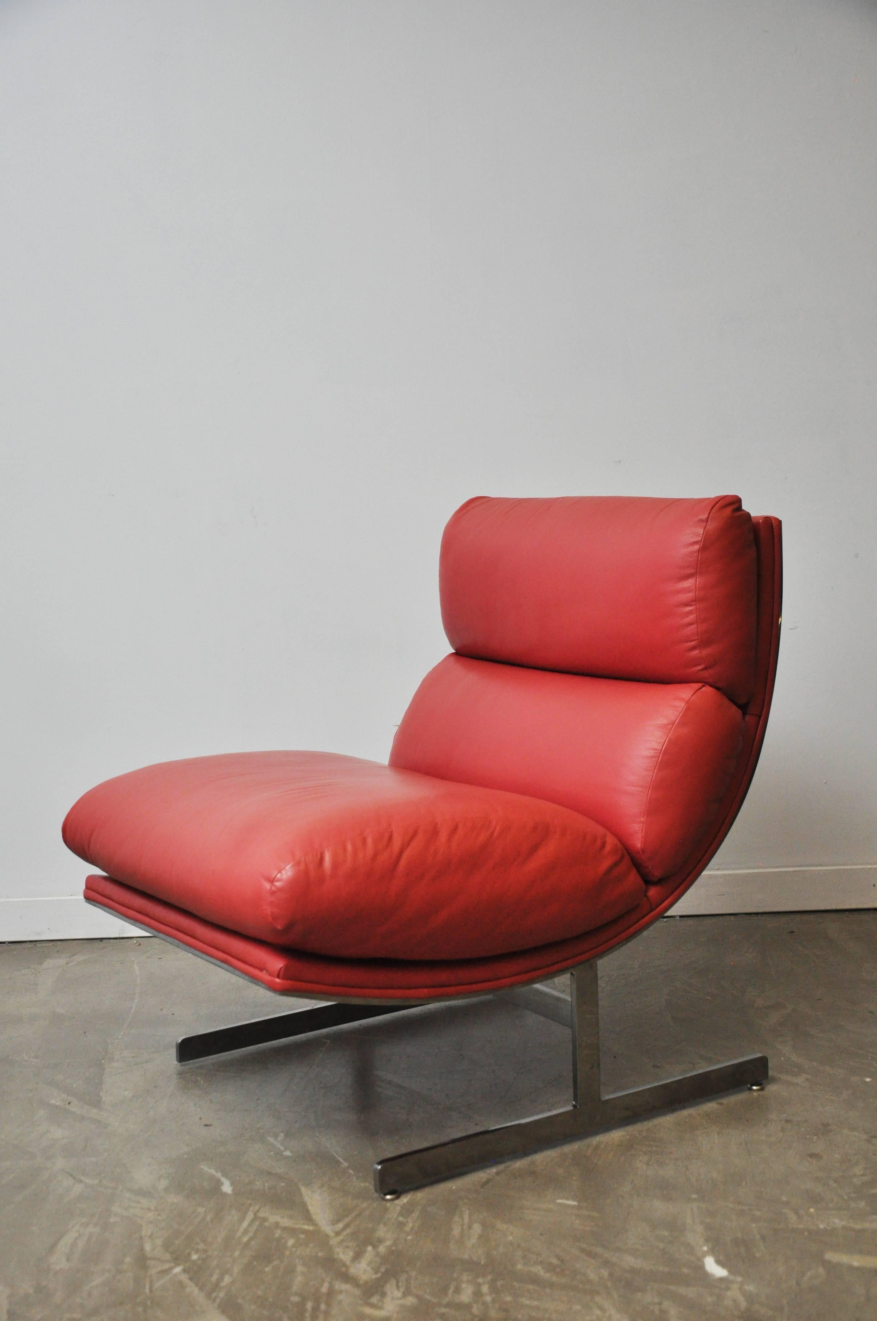 We are proud to offer this Arc II chair by Kipp Stewart for Directional. Polished chrome frame with original red/coral leather.